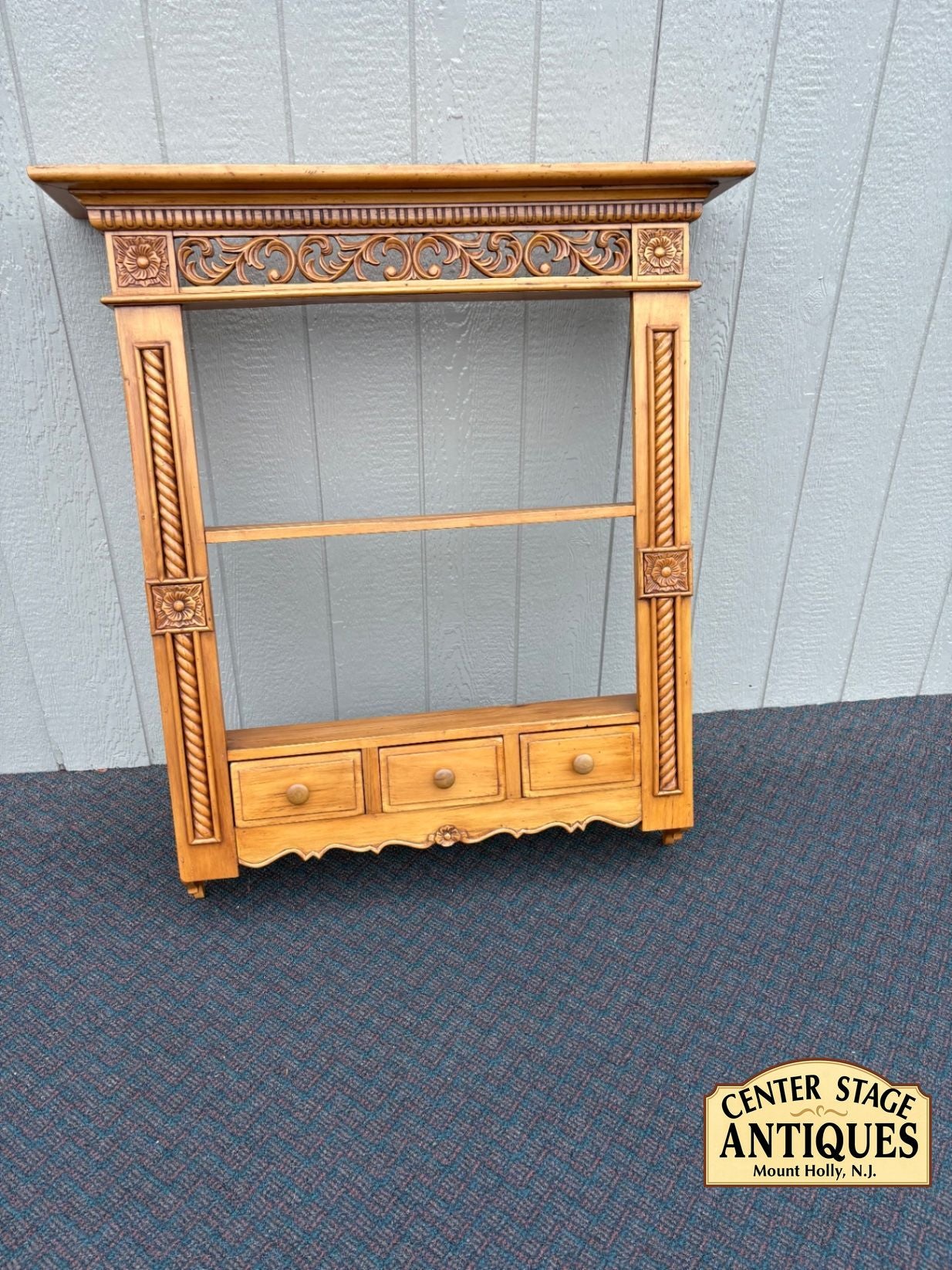 67550 Hand-Carved Wood Wall Shelf with Drawers, Ornate Vintage Style