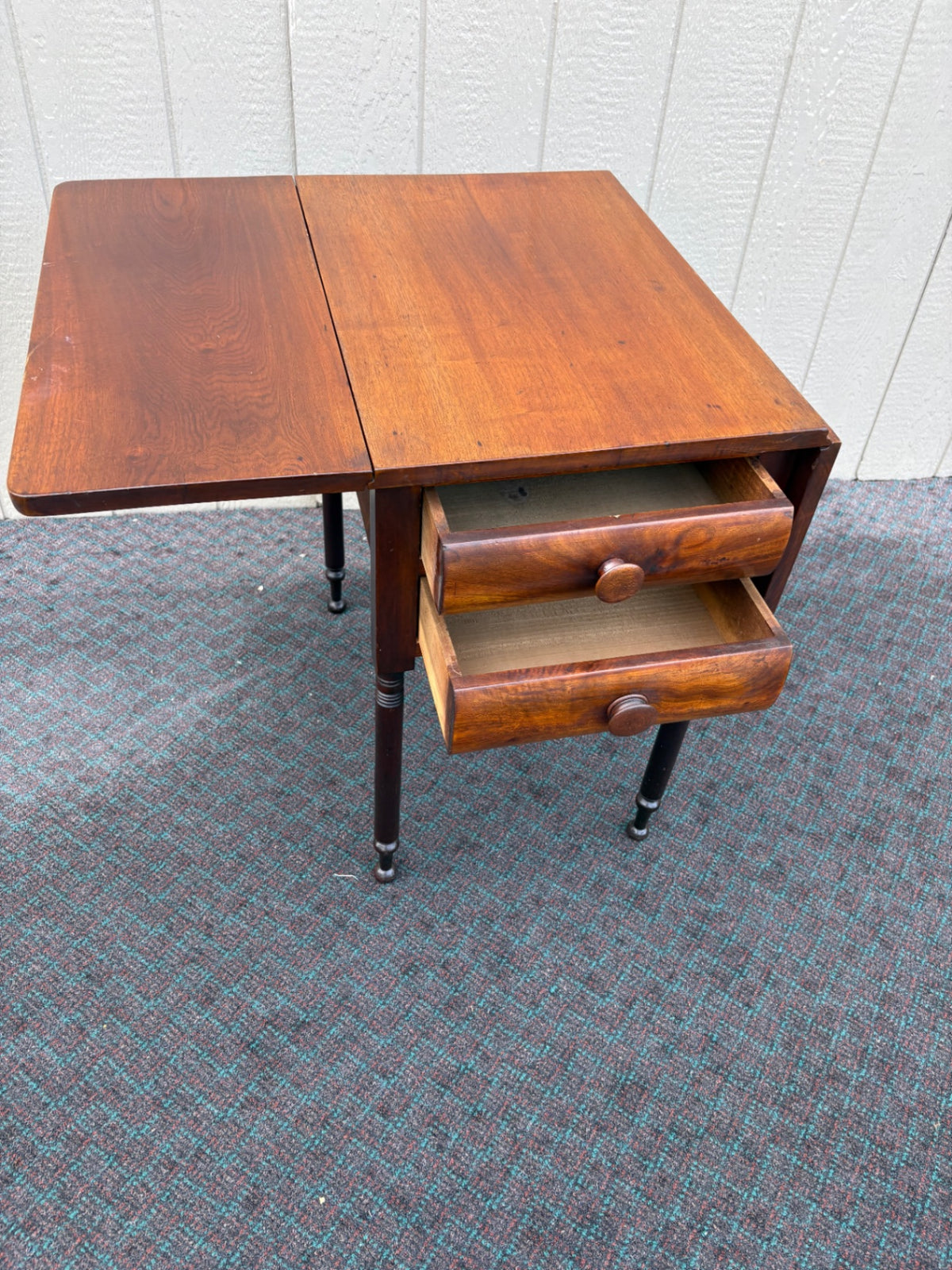 67916 Antique Drop Leaf Table with Two Drawers, Mahogany Finish