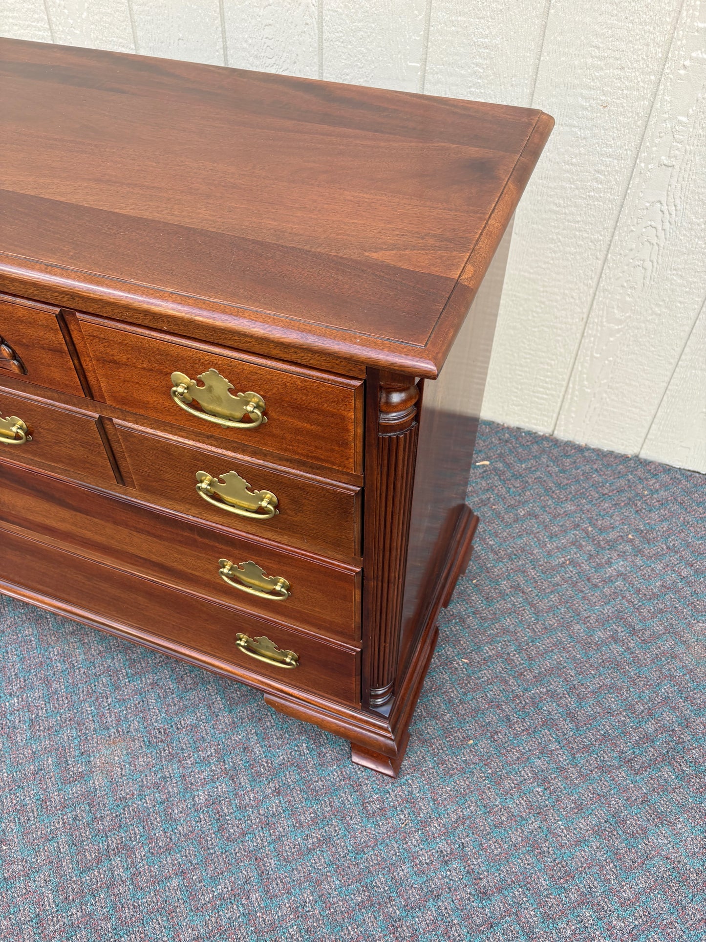 67738 Vintage Mahogany Chest with Brass Hardware and Shell Carving
