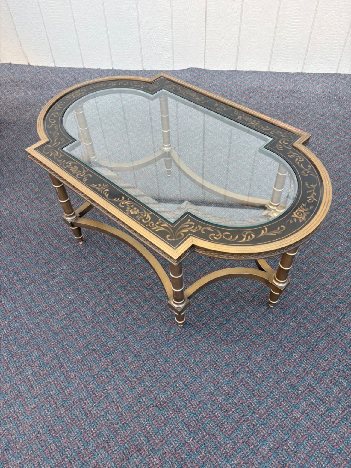 67498  Elegant Vintage Glass Top Coffee Table with Stenciled Design
