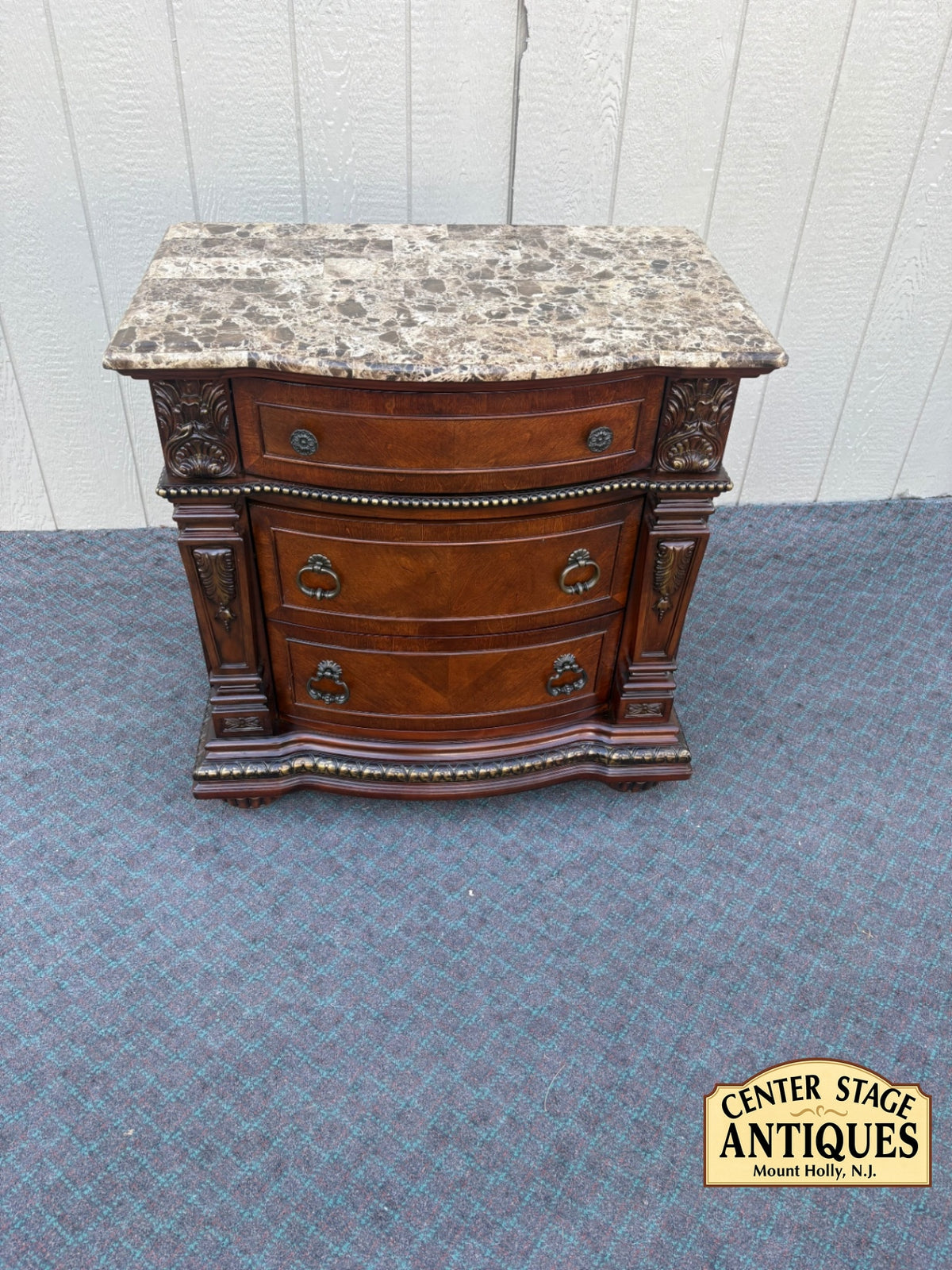 Elegant Marble Top Chest with Carved Wood Detail, 2015