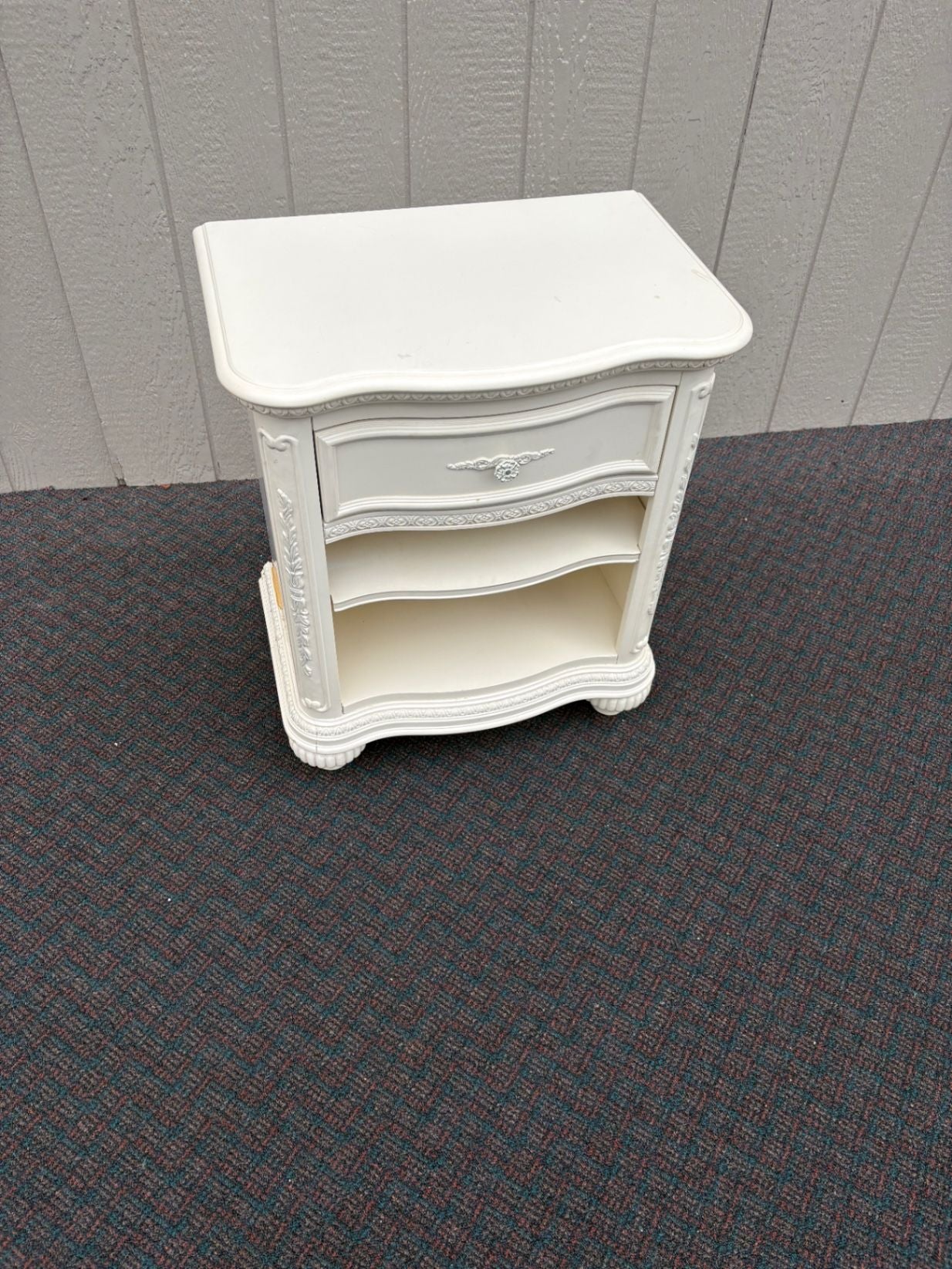 67552 French Provincial White Nightstand with Carved Details