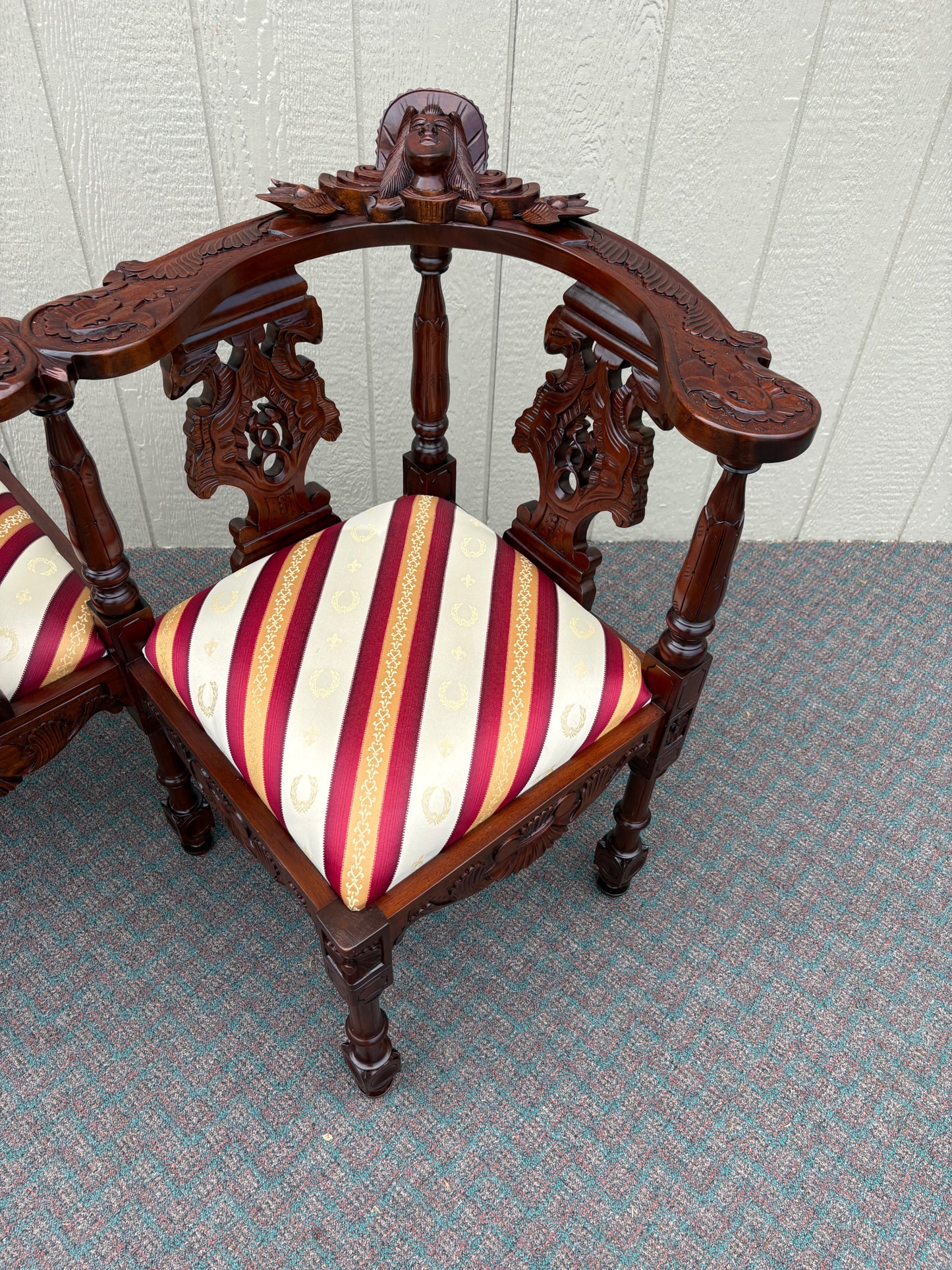 67730 Victorian Tête-à-Tête Loveseat, Carved Mahogany, Striped Upholstery