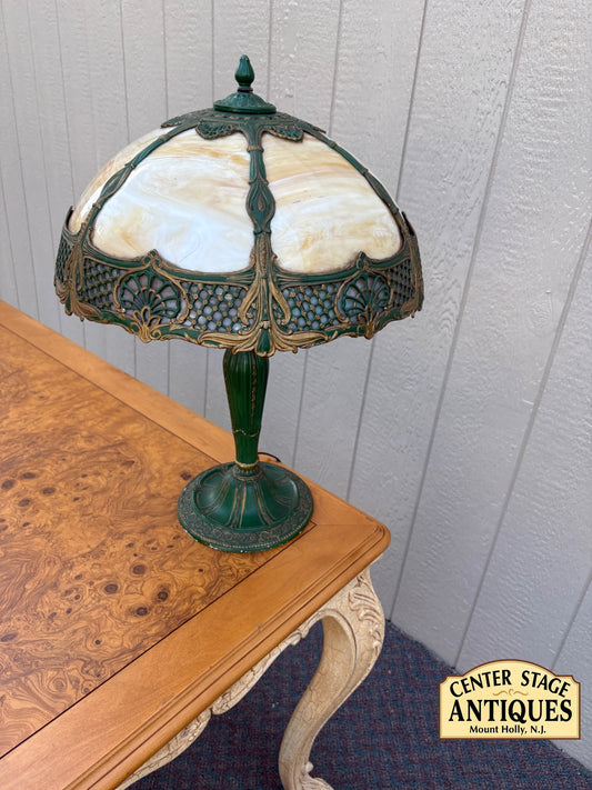 67799 Victorian Slag Glass Table Lamp with Ornate Metalwork Base