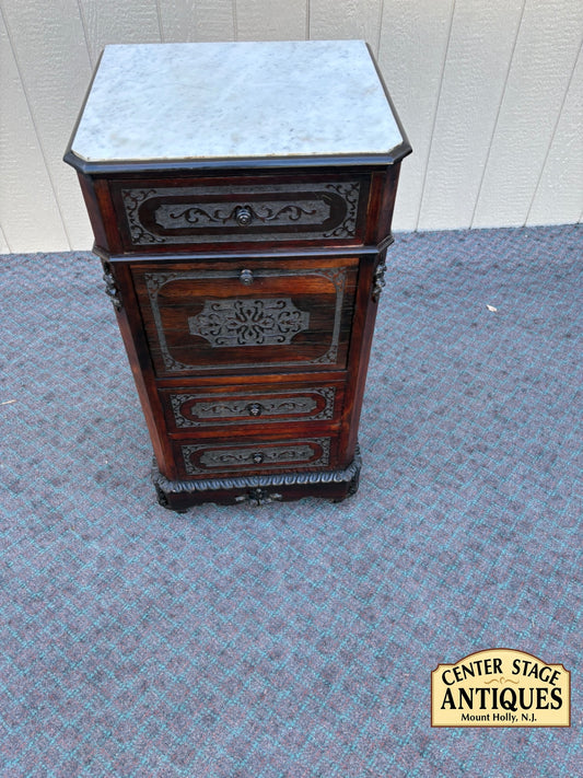 67547 Victorian Marble Top Nightstand with Intricate Carvings