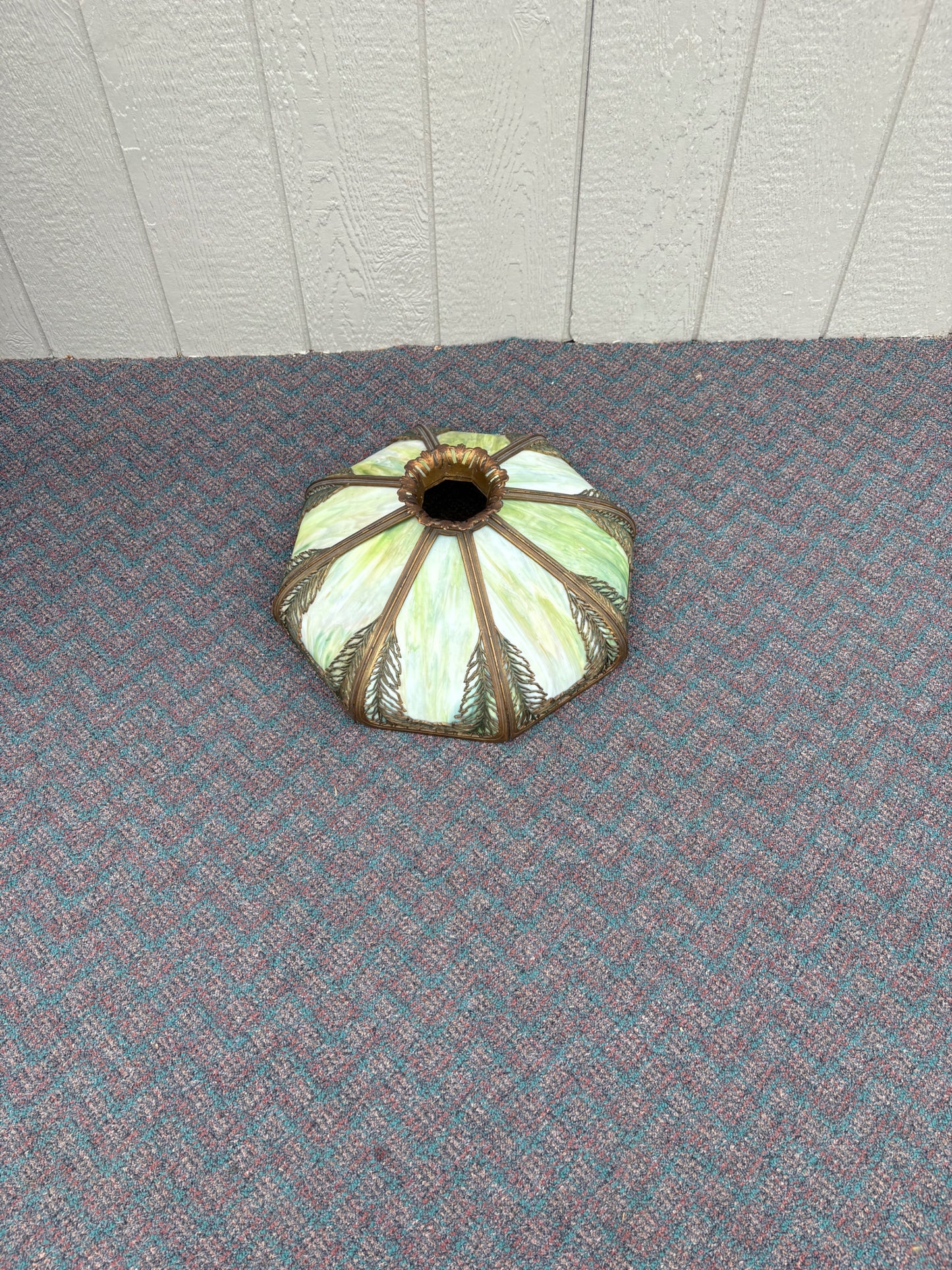 67742 Victorian Slag Glass Lampshade with Ornate Metalwork
