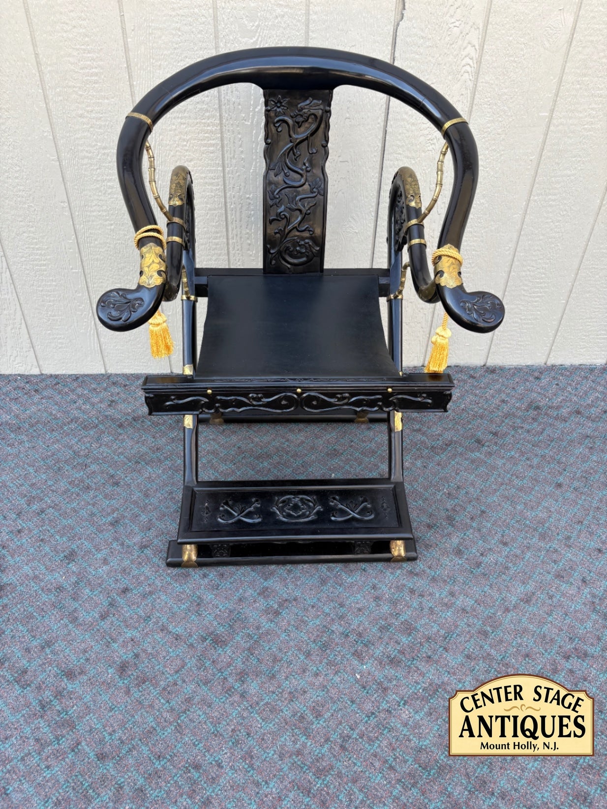 68061 Oriental Style Black Folding Chair with Carved Details