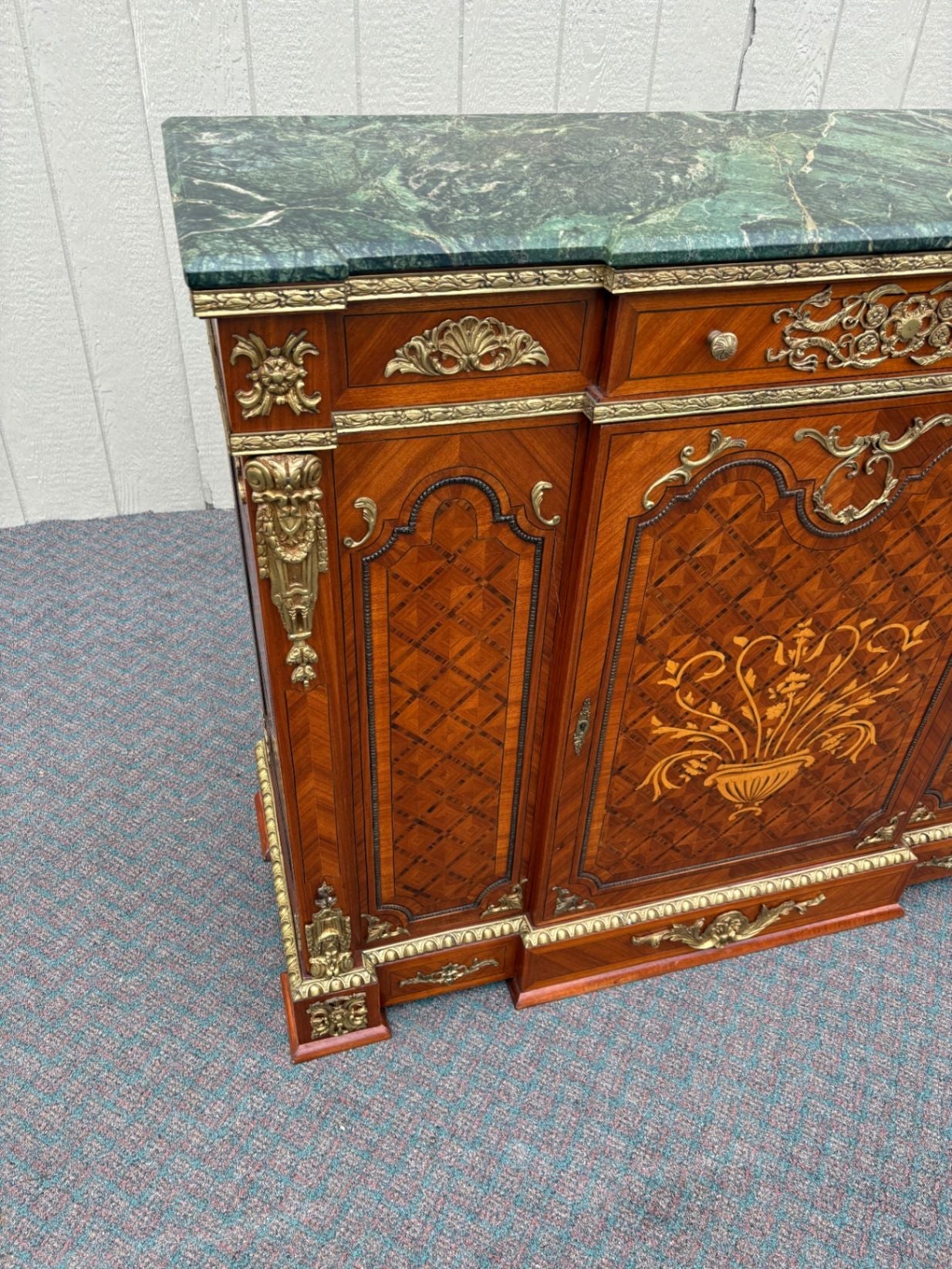 67520 Ornate French Style Marble Top Sideboard with Inlay and Gilt Details