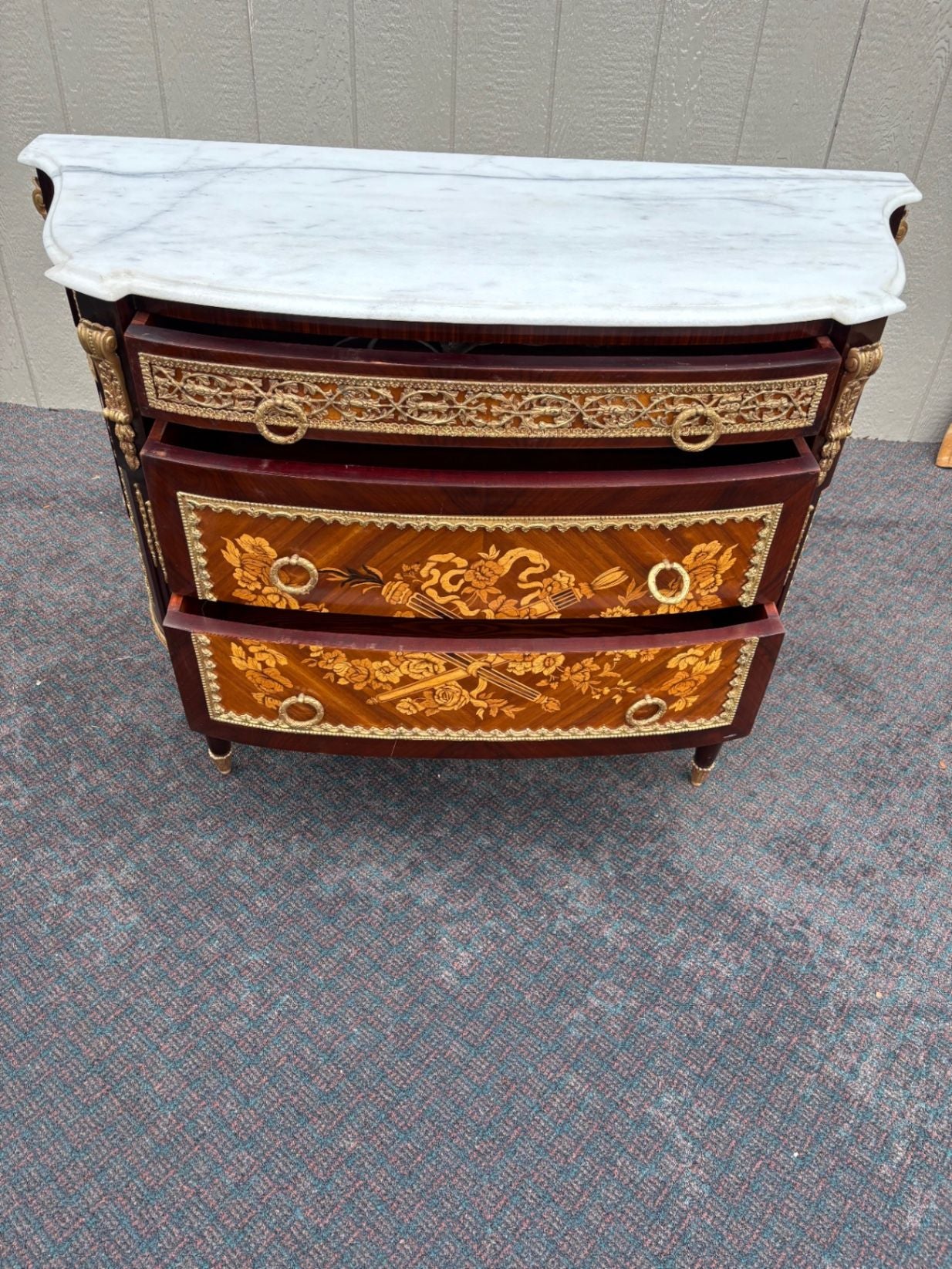 67335 Louis XV Style Marble Top Chest with Intricate Inlay and Gilt Detailing