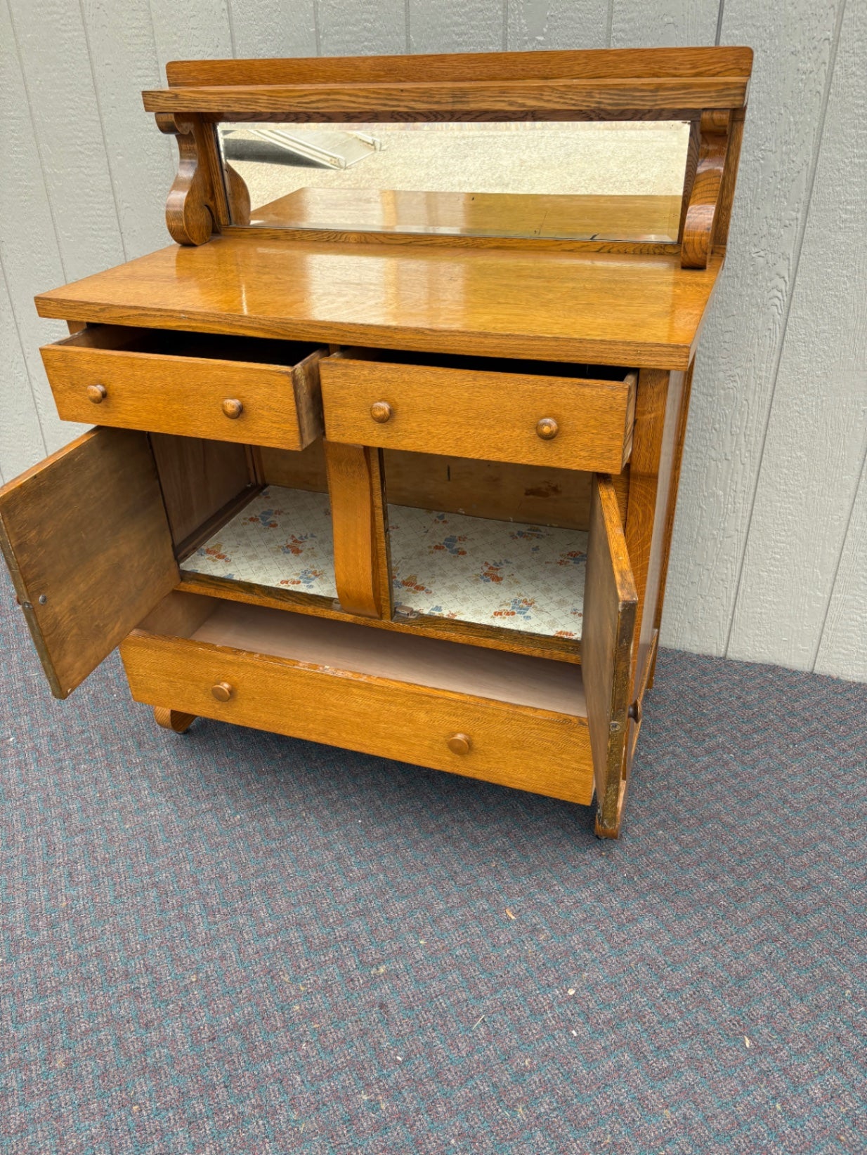 67790 Antique Oak Buffet with Mirror and Storage, Early 20th Century