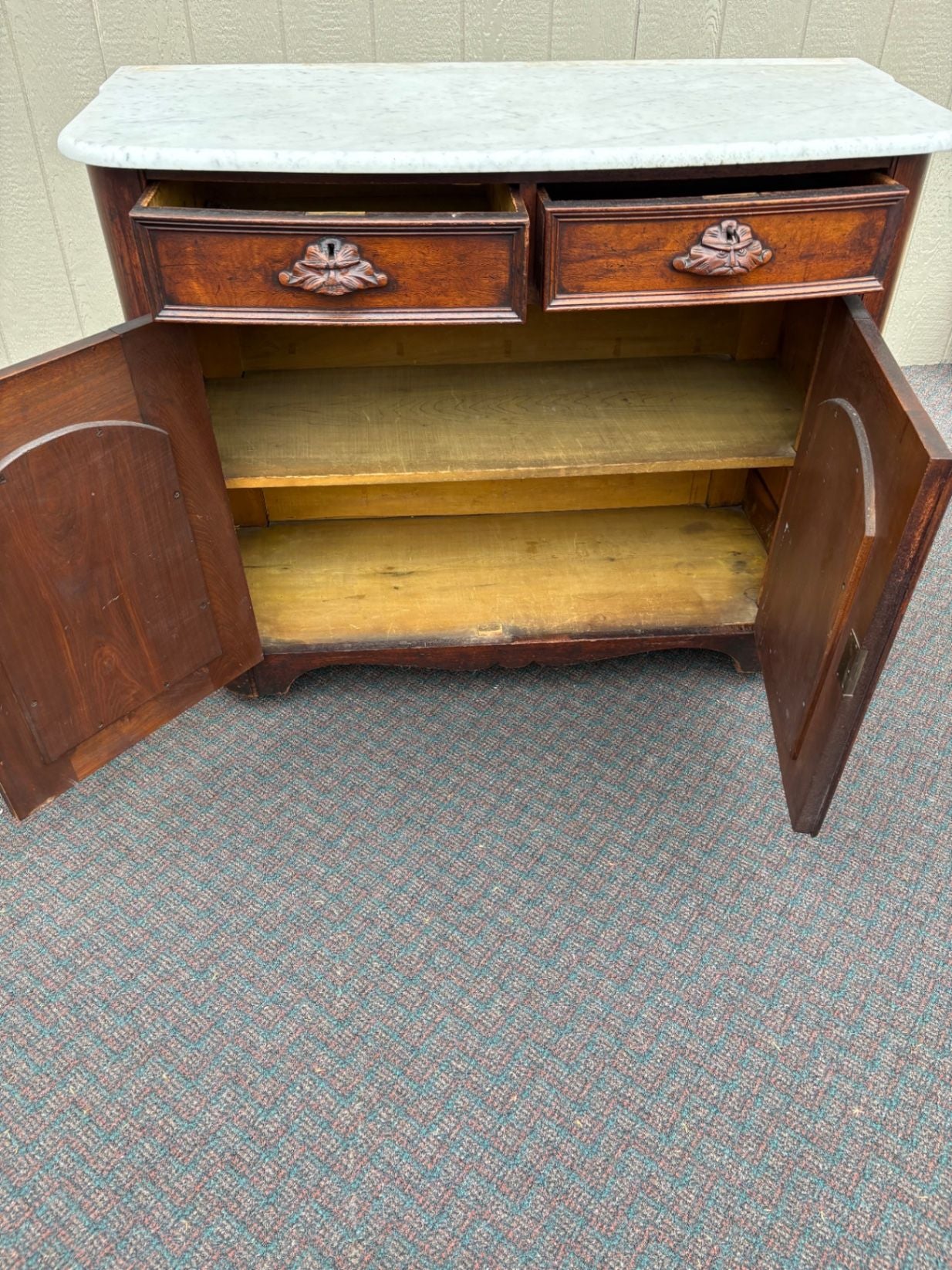 67622 Victorian Marble Top Buffet with Mirror and Ornate Carvings