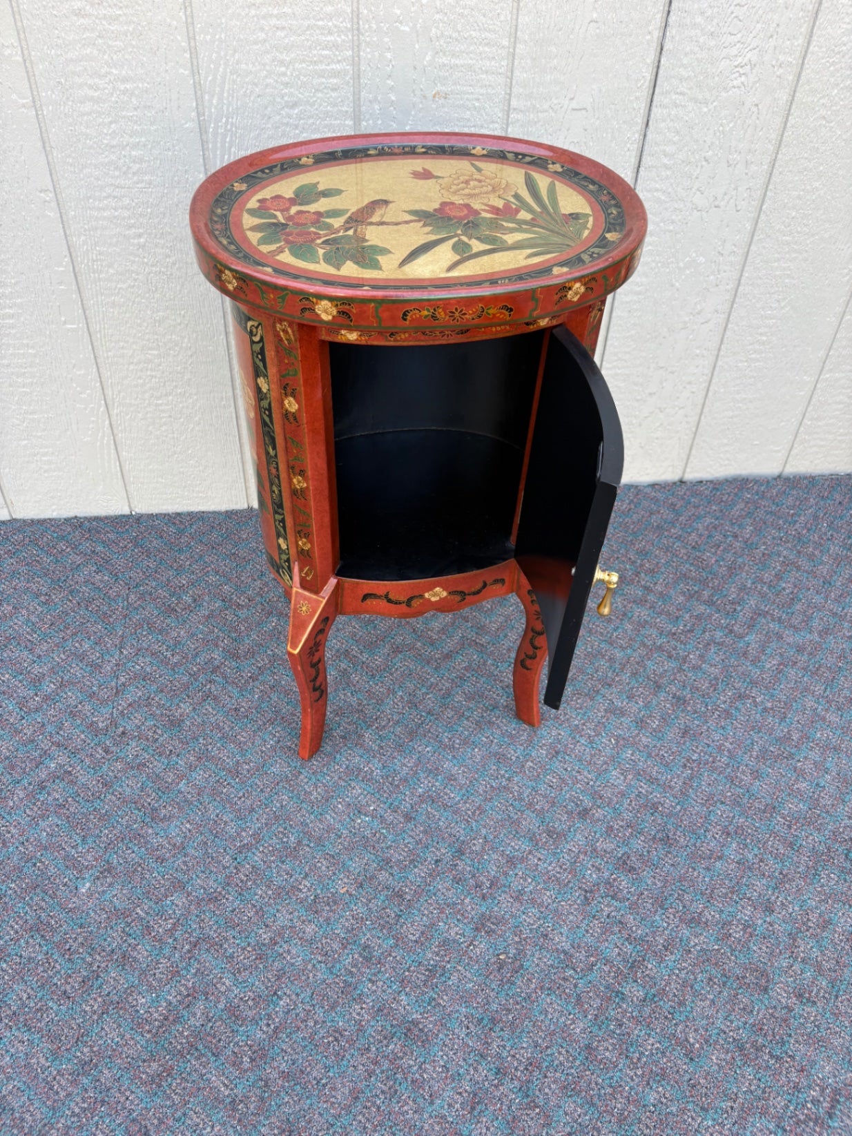 67855  Hand-Painted Oval Accent Table with Floral and Bird Motif