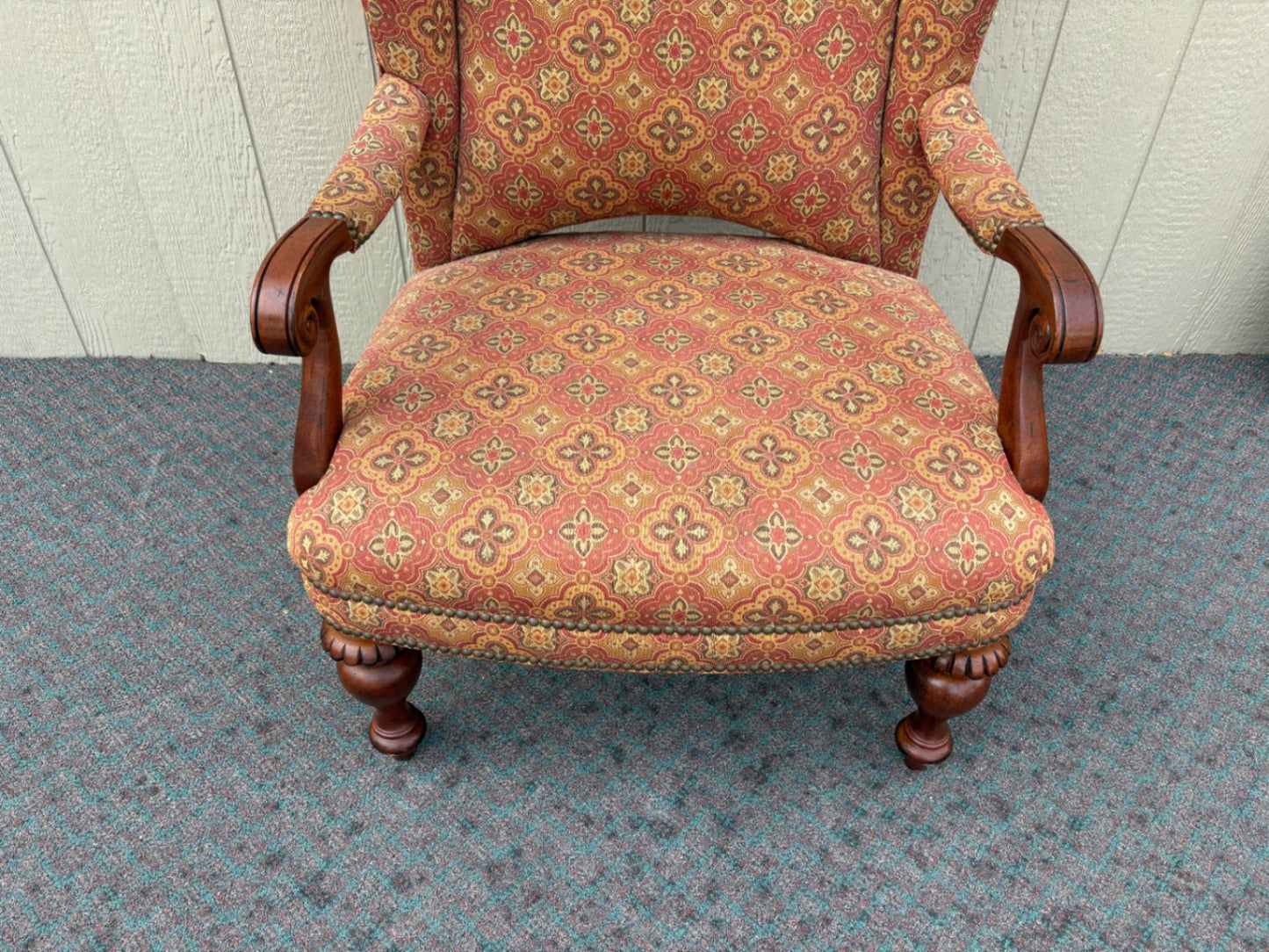 67940 Thomasville Traditional Wingback Armchair with Ornate Fabric Upholstery