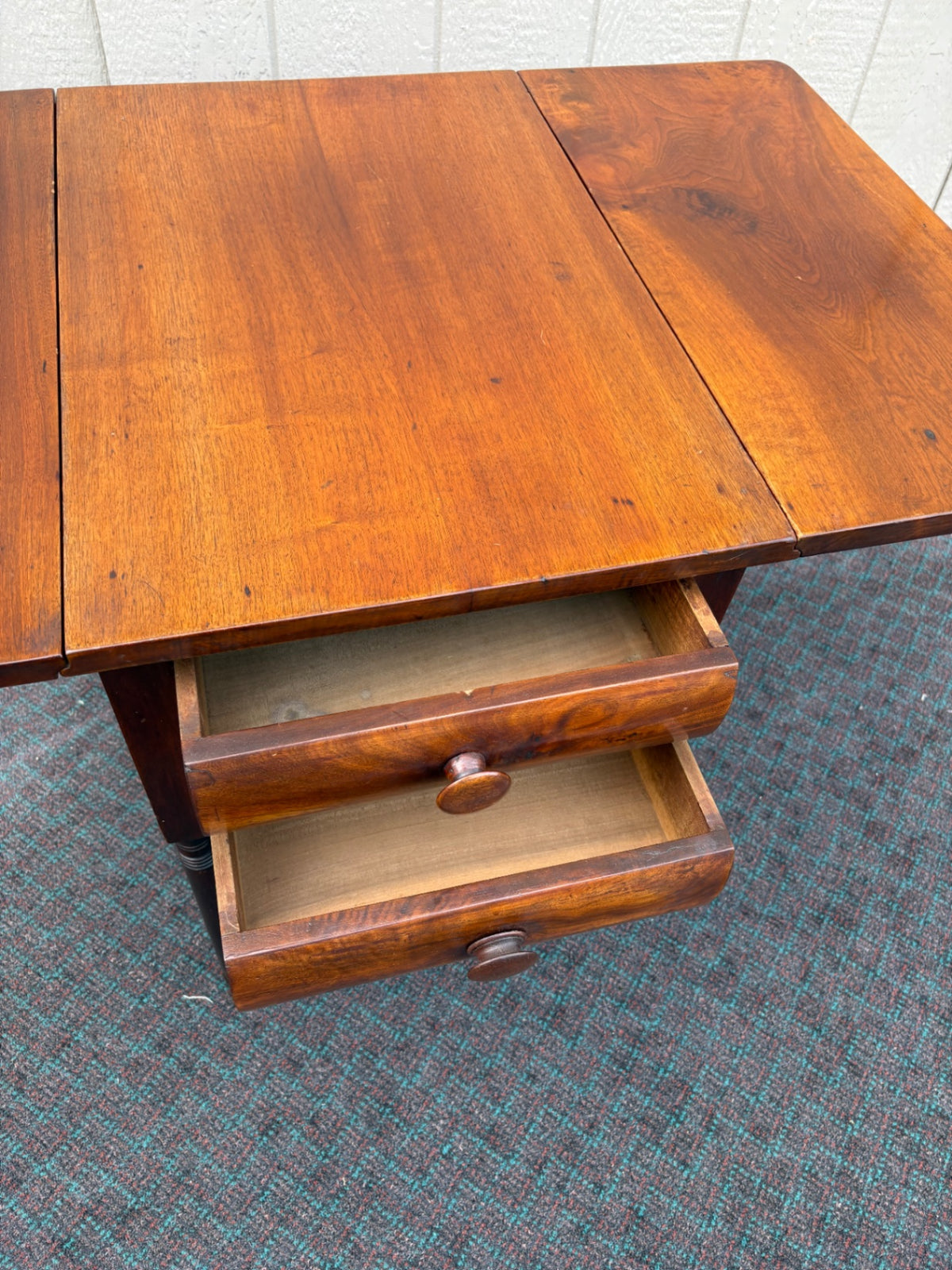 67916 Antique Drop Leaf Table with Two Drawers, Mahogany Finish