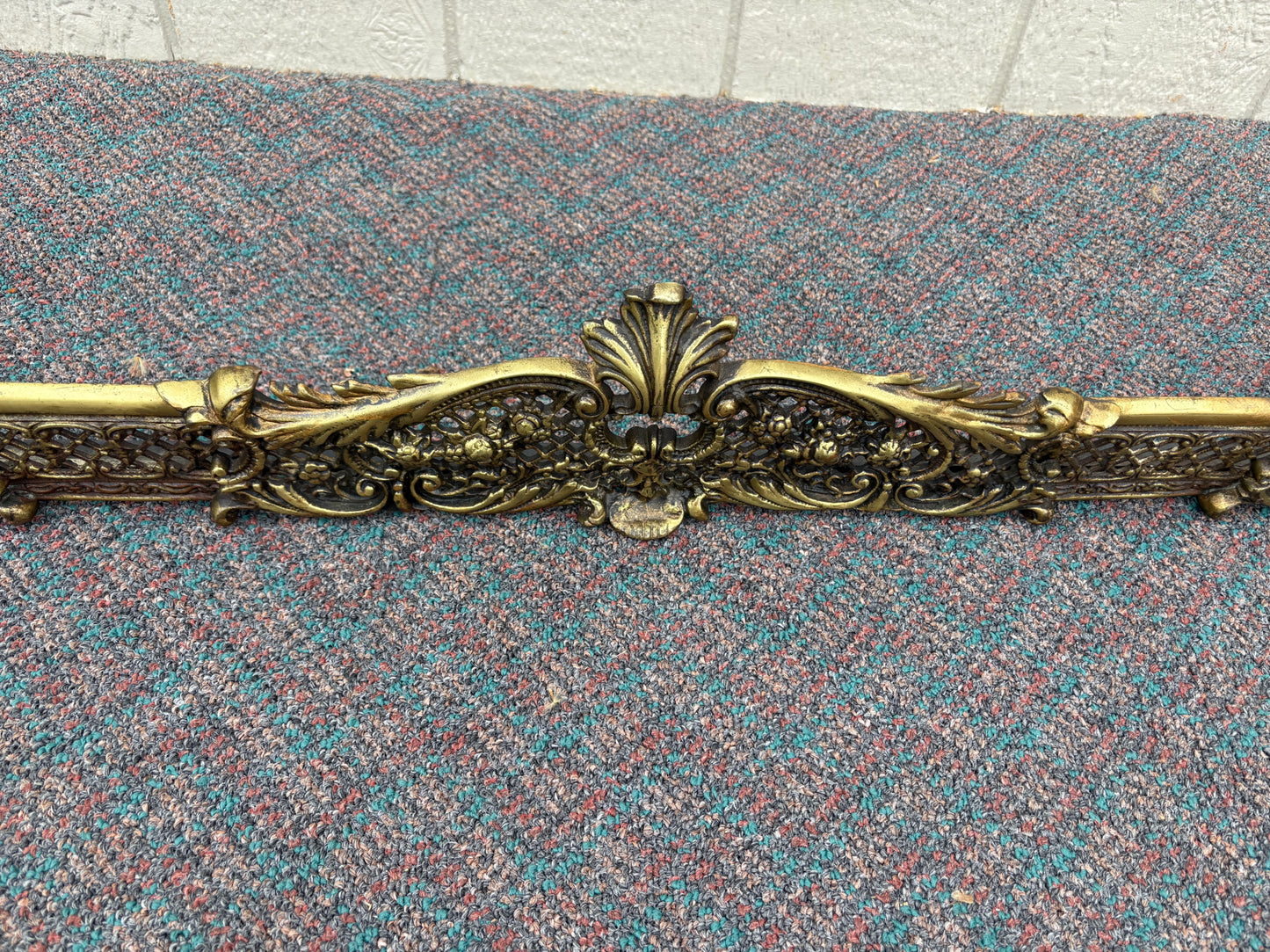 67713 Ornate Victorian Brass Fireplace Fender with Intricate Detailing