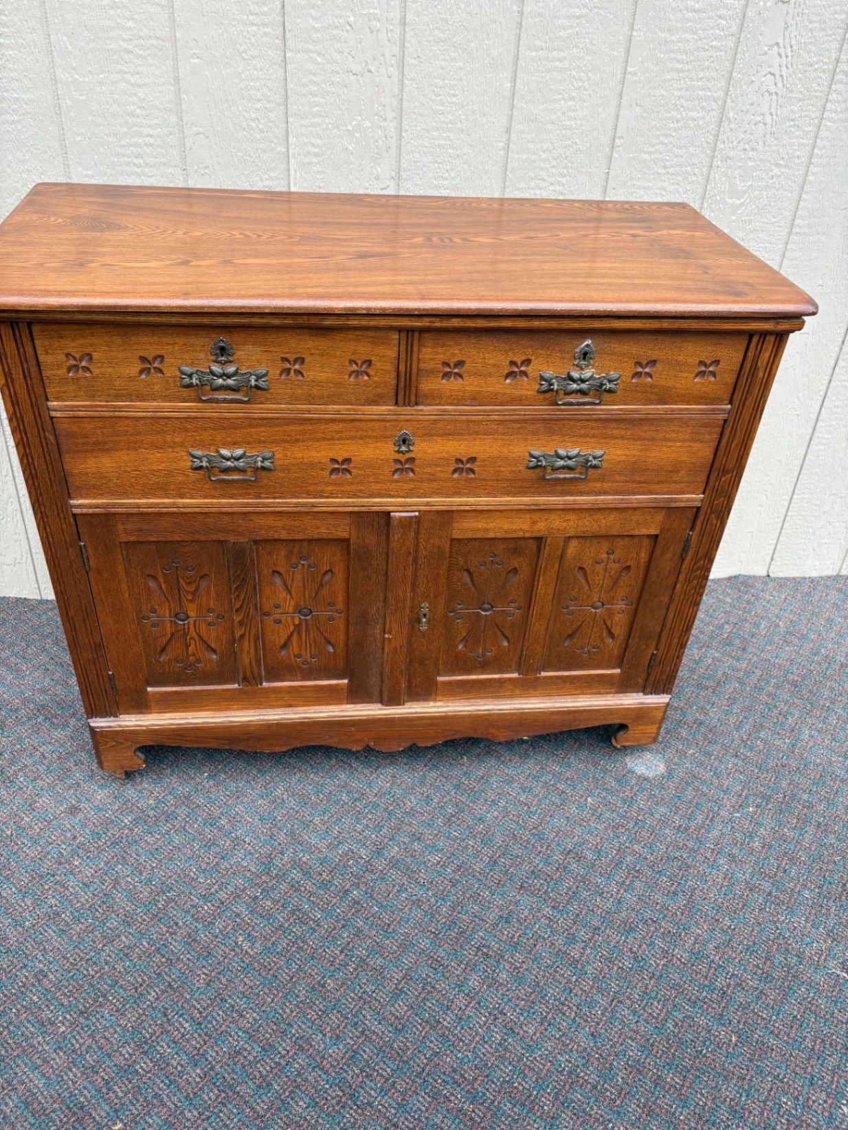 67625  Victorian Oak Buffet Server with Carved Details and Brass Hardware