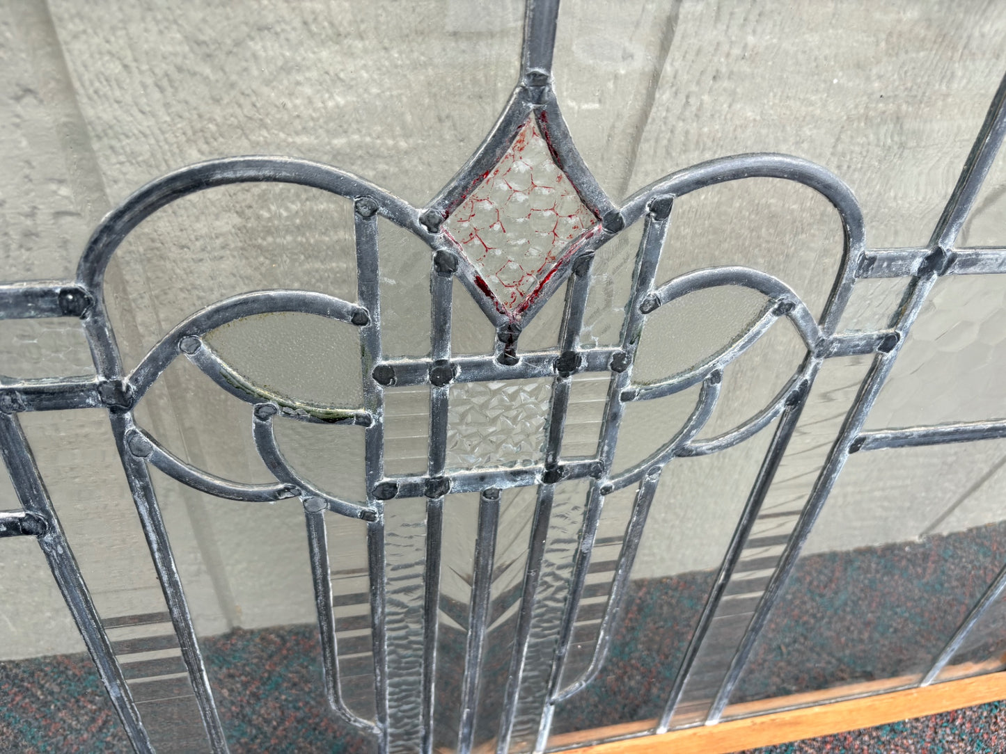 67907 Vintage Art Deco Stained Glass Window with Wood Frame