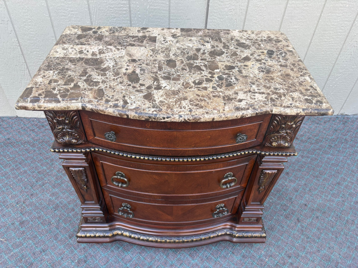 Elegant Marble Top Chest with Carved Wood Detail, 2015