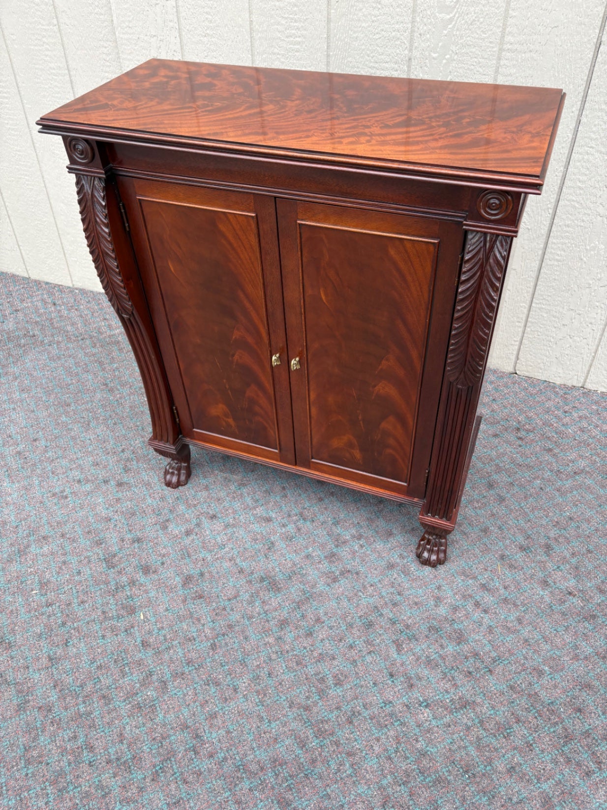 68003 Antique Mahogany Cabinet with Claw Feet and Carved Details