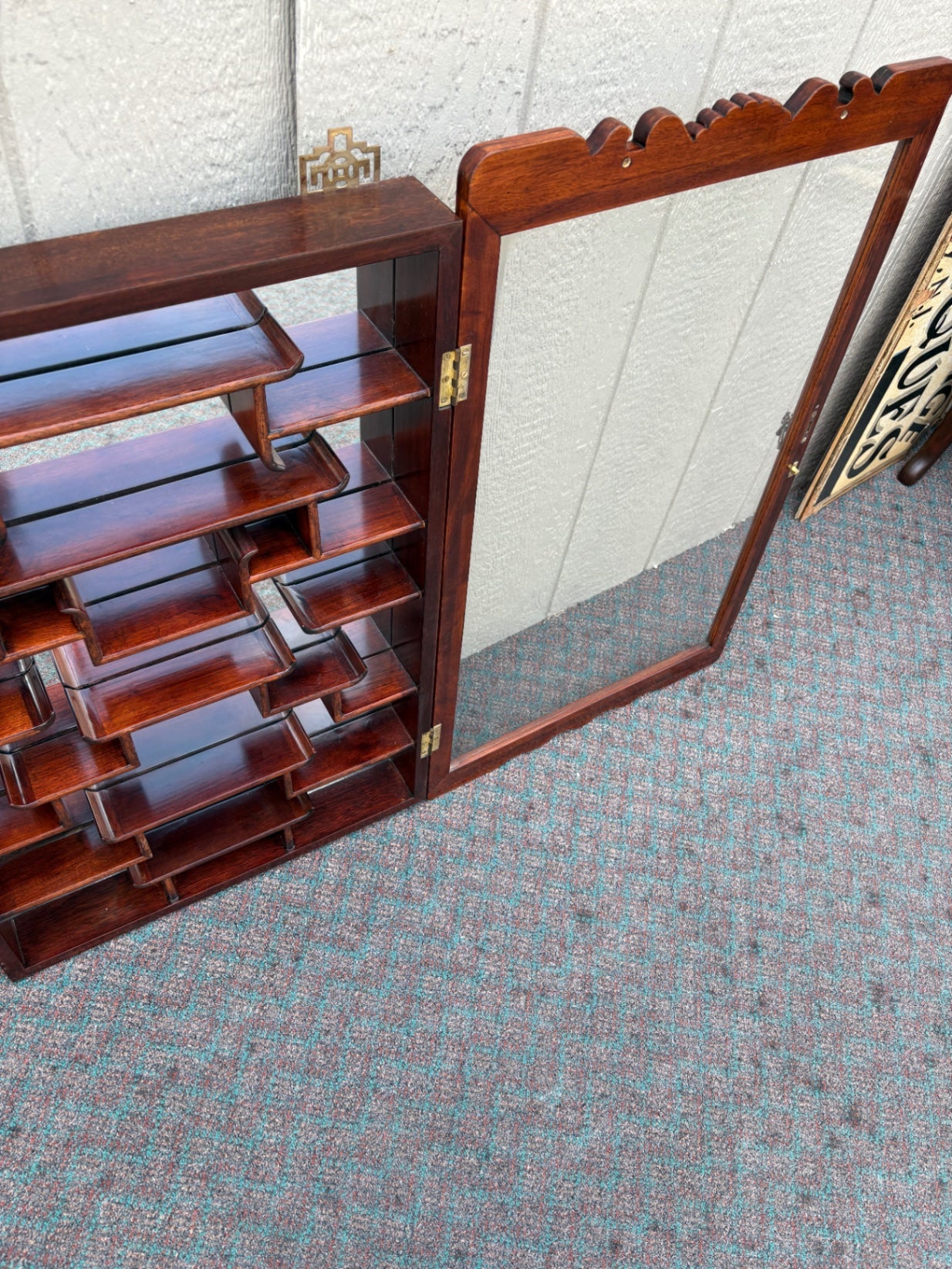 67960 Vintage Oriental Wall Shelf Curio Cabinet with Glass Door