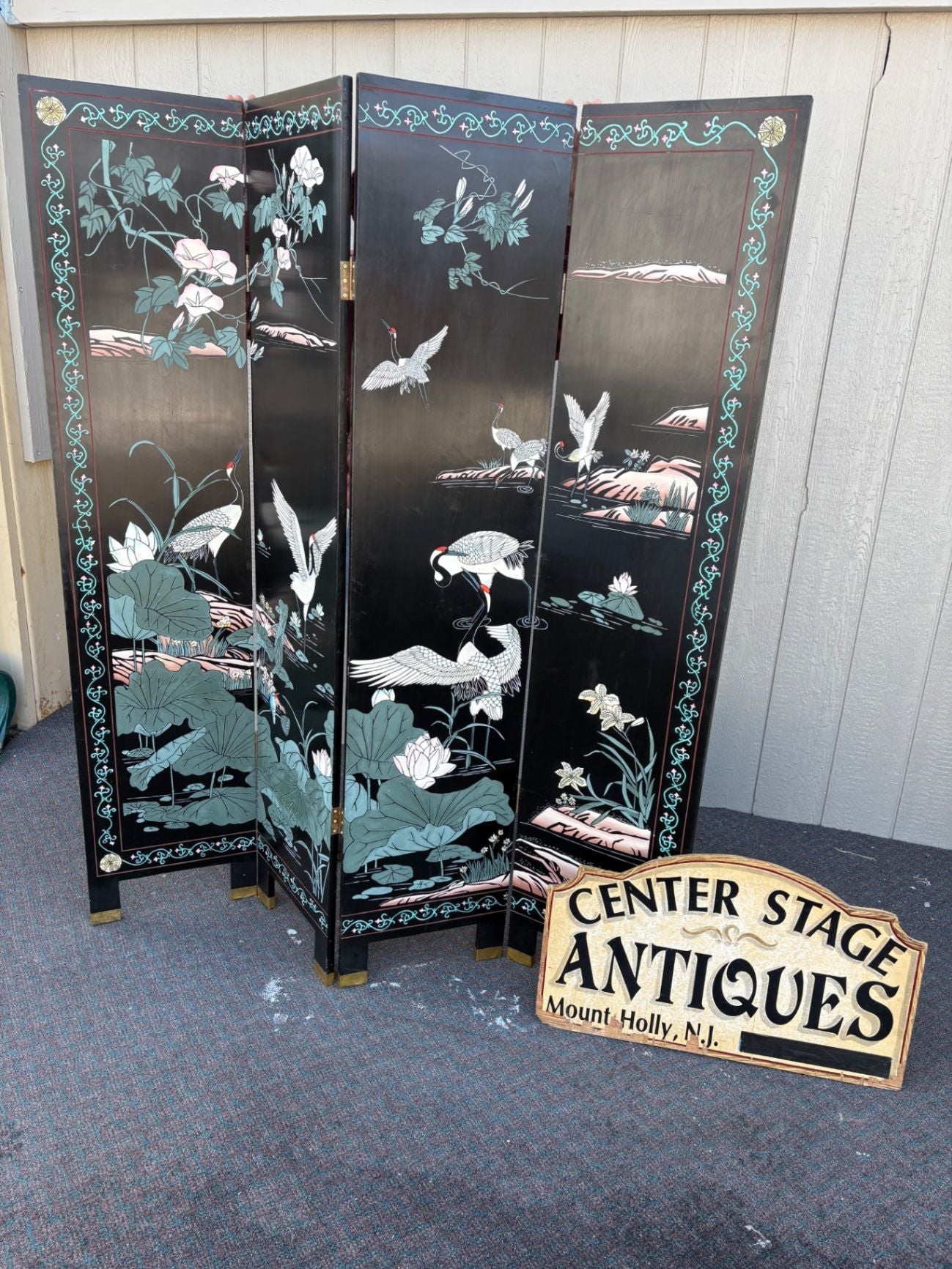66277  Hand-Painted Oriental Folding Screen with Crane Motif