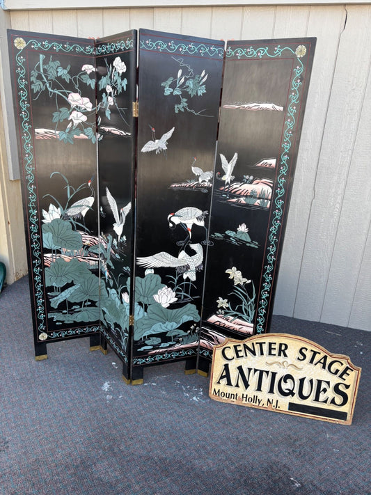 66277  Hand-Painted Oriental Folding Screen with Crane Motif