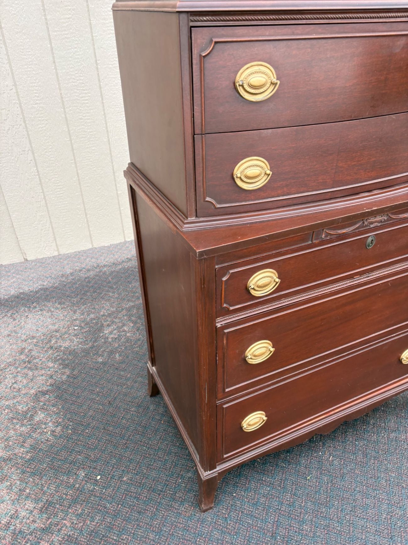 67461 Vintage Mahogany Bow Front High Chest Dresser with Brass Pulls