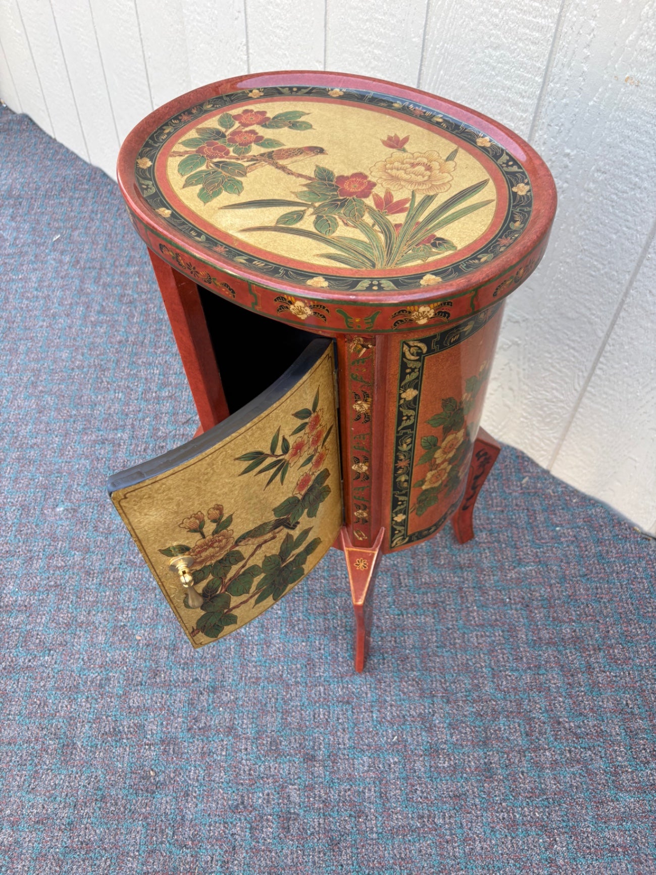 67855  Hand-Painted Oval Accent Table with Floral and Bird Motif