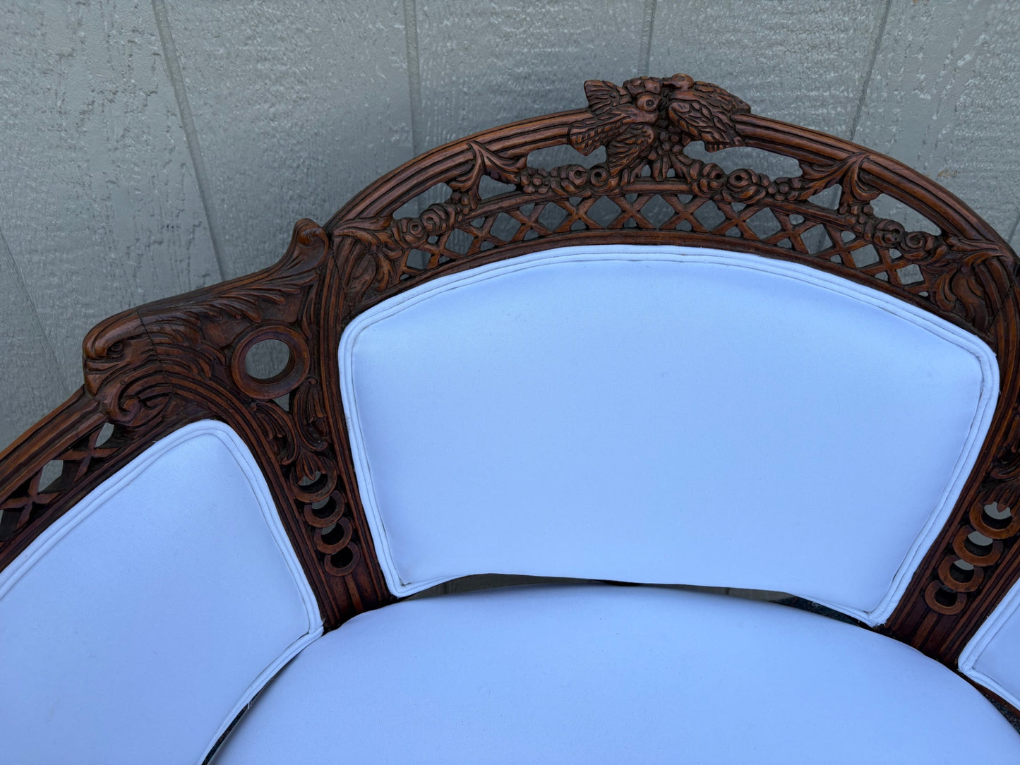 67850 Victorian Carved Wood Settee with Bird Motif and Upholstery