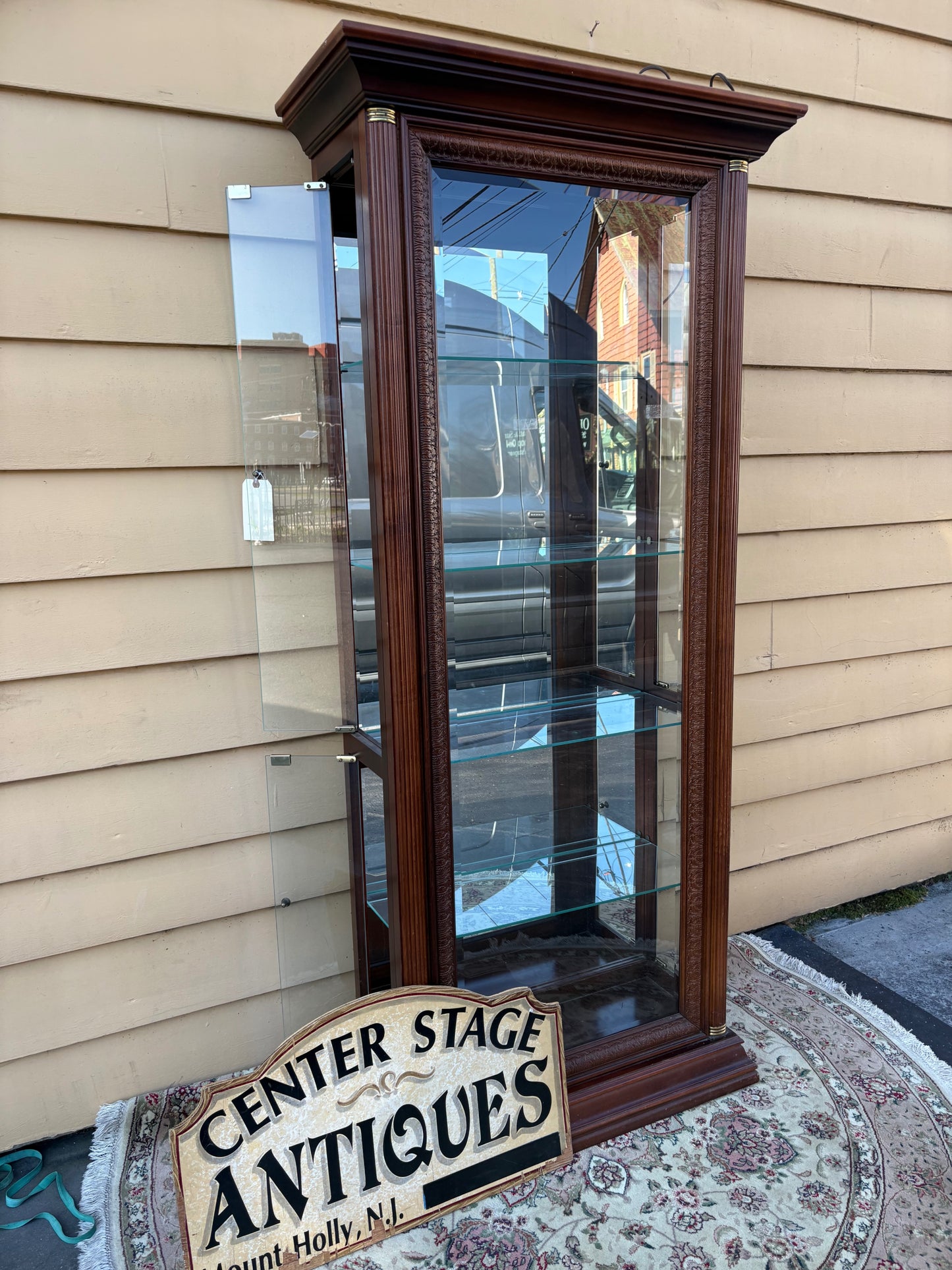 67786  Elegant Mahogany Curio Cabinet with Glass Shelves and Lighting