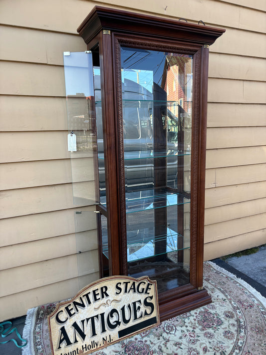 67786  Elegant Mahogany Curio Cabinet with Glass Shelves and Lighting