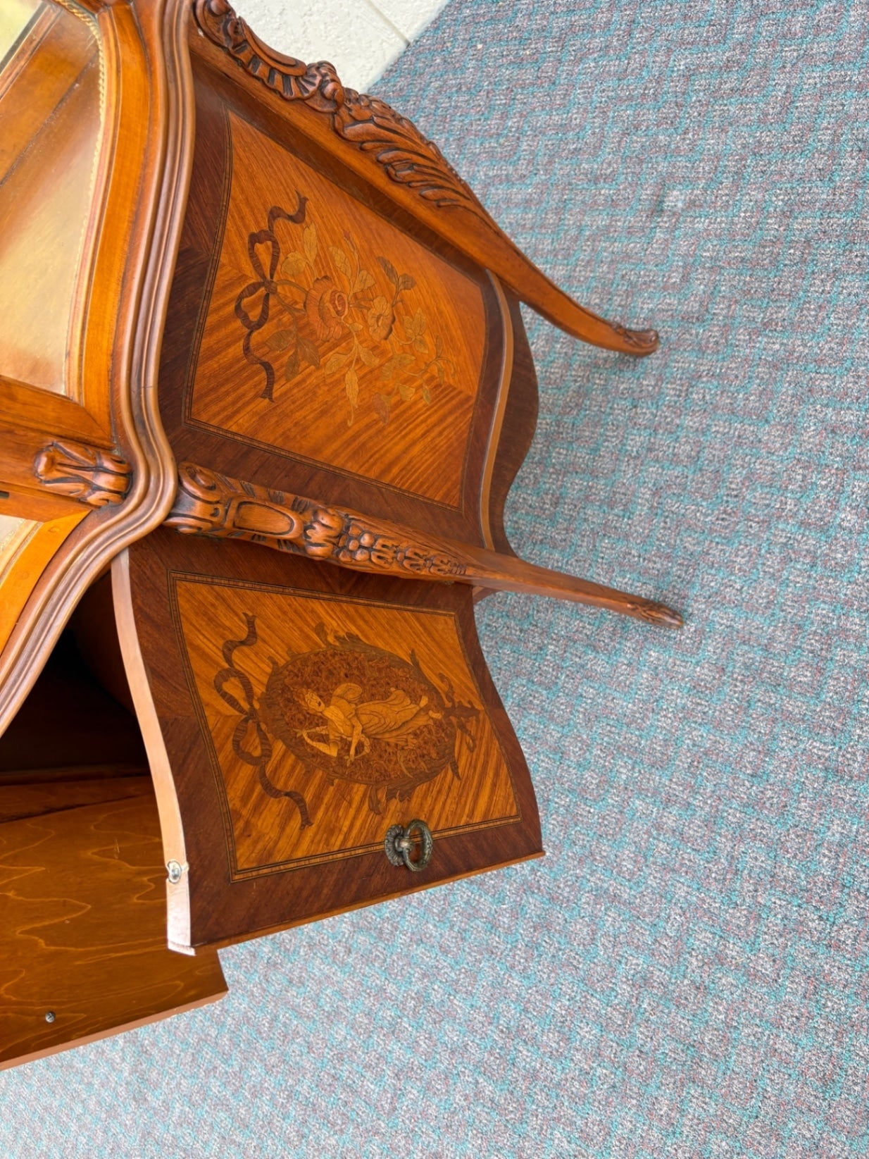 67807  Elegant Inlaid Curio Cabinet with Glass Display Shelves