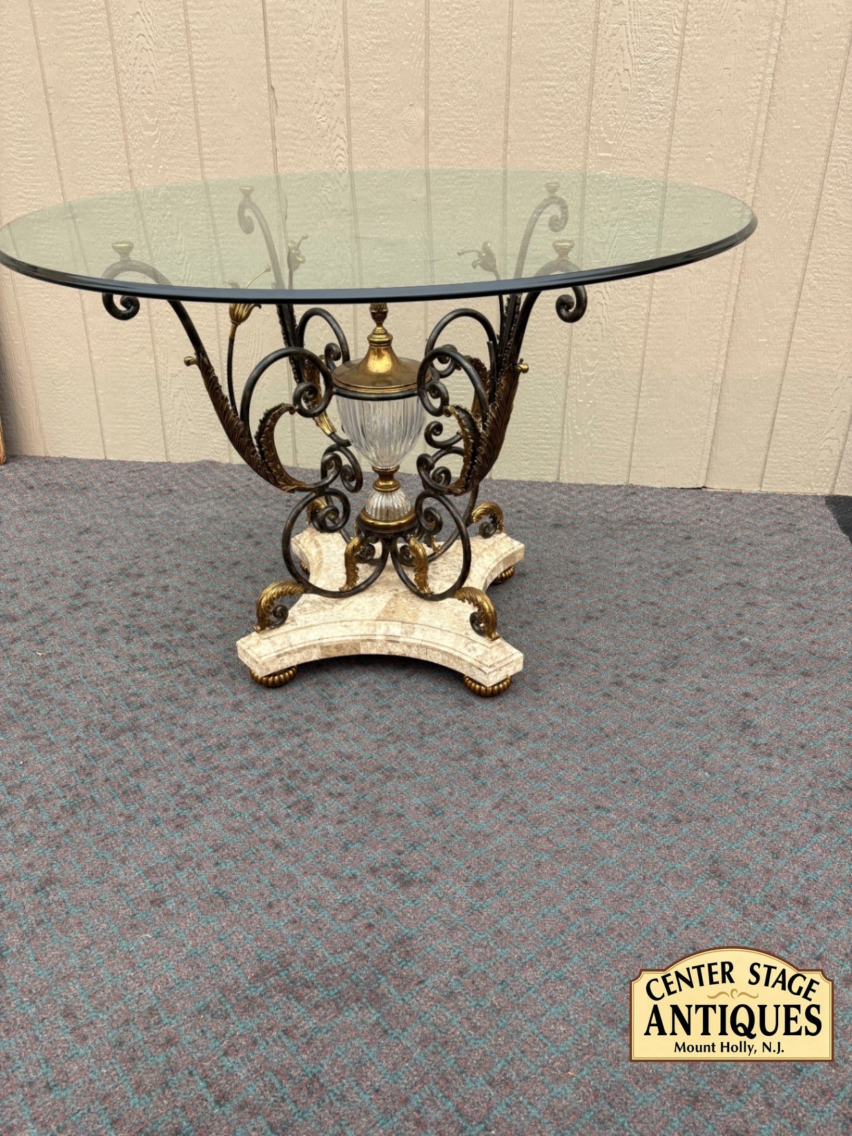 65447 Maitland Smith Glass Top Table with Ornate Metal Base