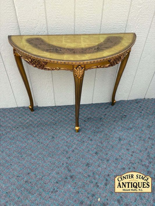 67978 Elegant Gold Demilune Console Table with Intricate Floral Design