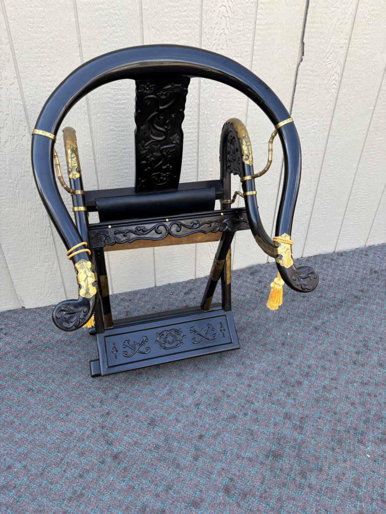 68061 Oriental Style Black Folding Chair with Carved Details