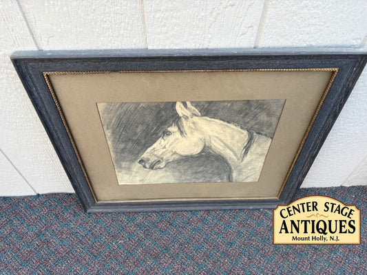 67527Large Artist Signed  Vintage Horse Portrait Drawing in Ornate Wood Frame