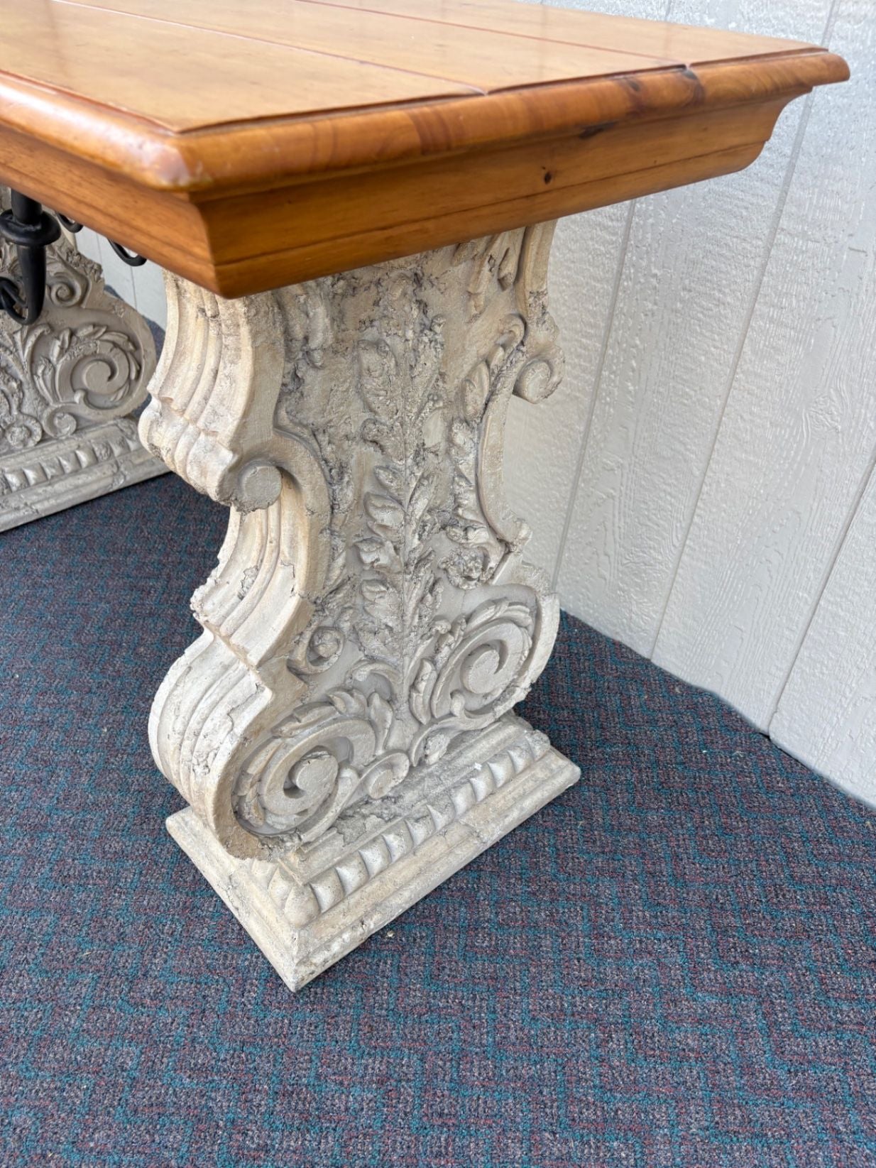 67646  Rustic Console Table with Carved Stone Base and Iron Accents