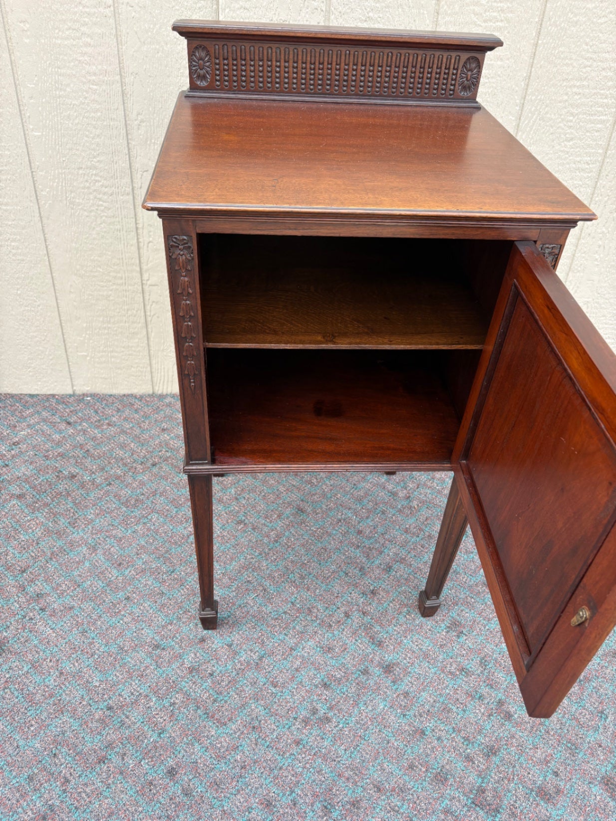 67982 Antique Mahogany Nightstand with Carved Details and Shelf
