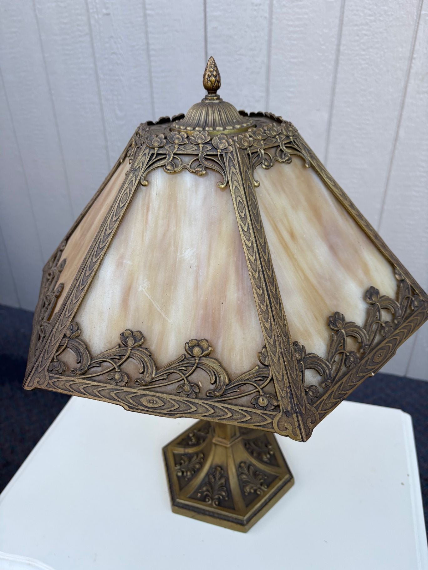 67451  Victorian Slag Glass Table Lamp with Ornate Brass Base