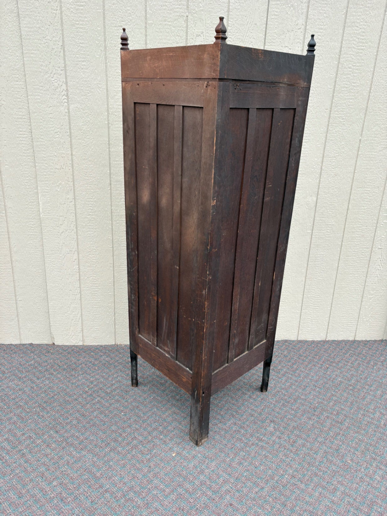 67661 Victorian Oak Corner Curio Cabinet  with Carved Details and Turned Finials