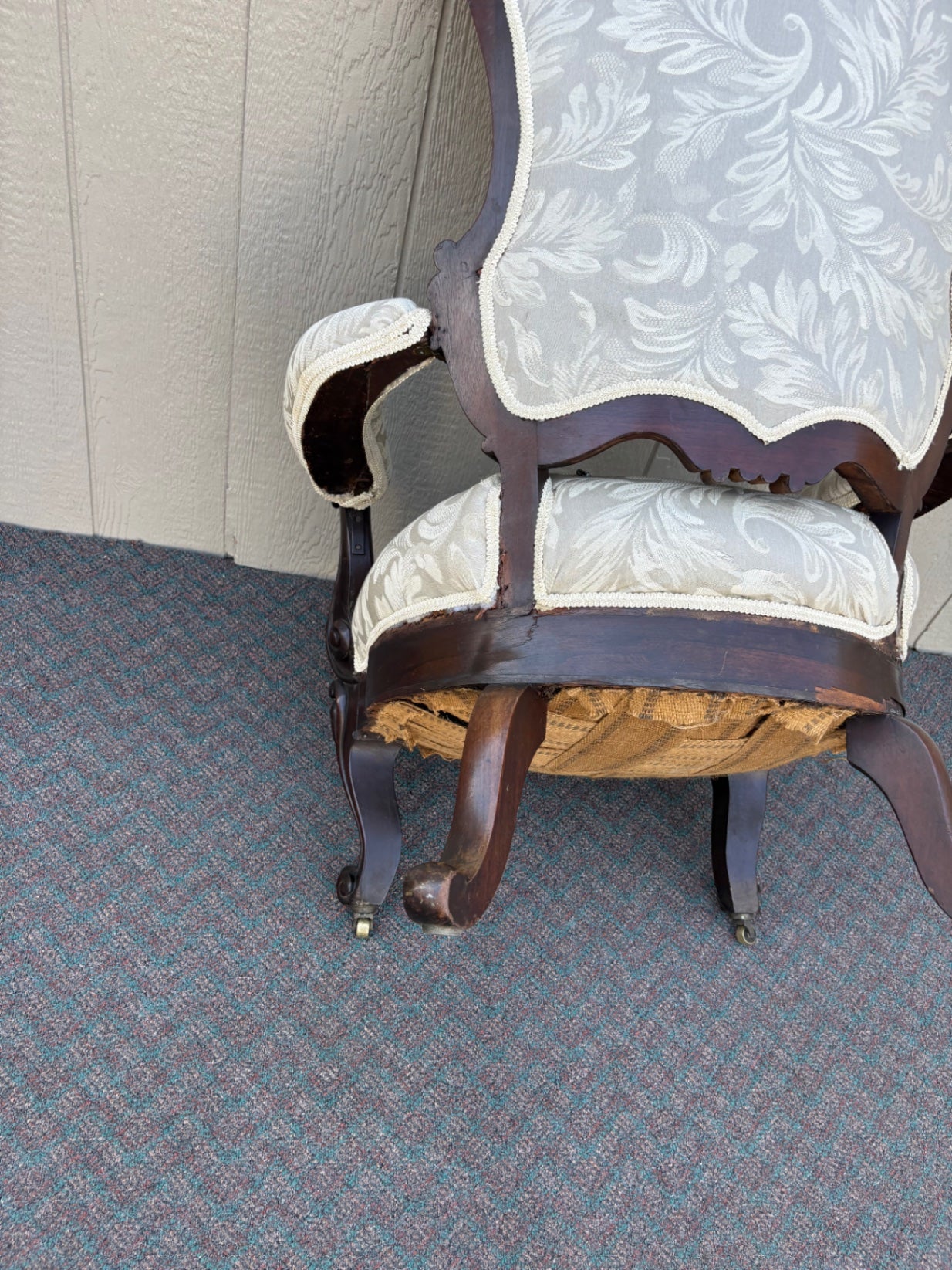 67760 Victorian Armchair with Ornate Carvings and Upholstery