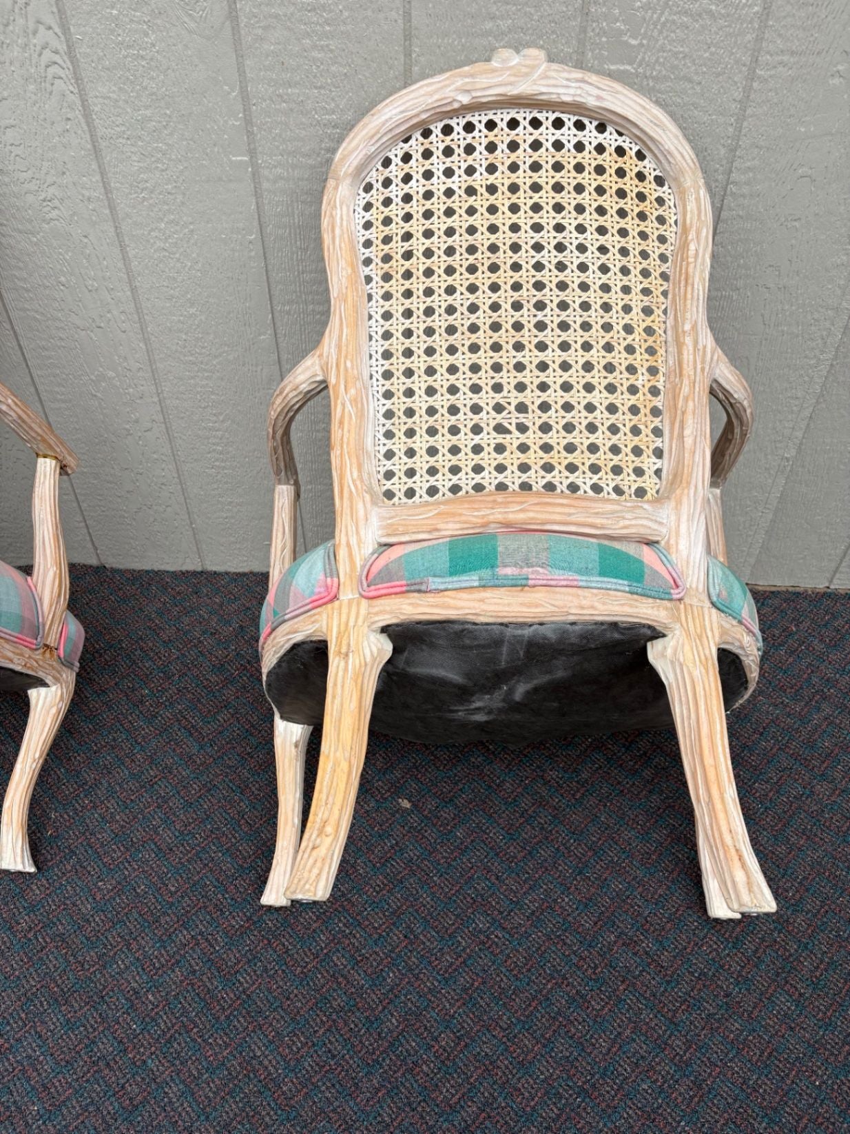67549 Pair of French Provincial Caned Armchairs with Plaid Upholstery