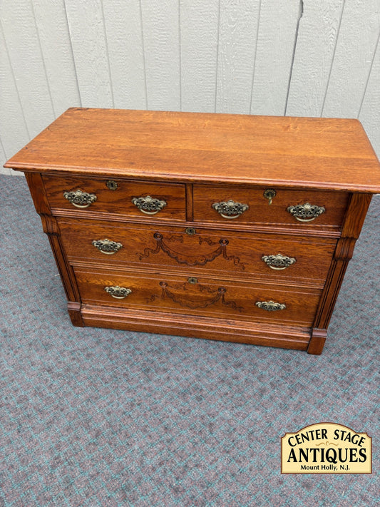 67959 Victorian Oak Dresser with Brass Hardware and Carved Details