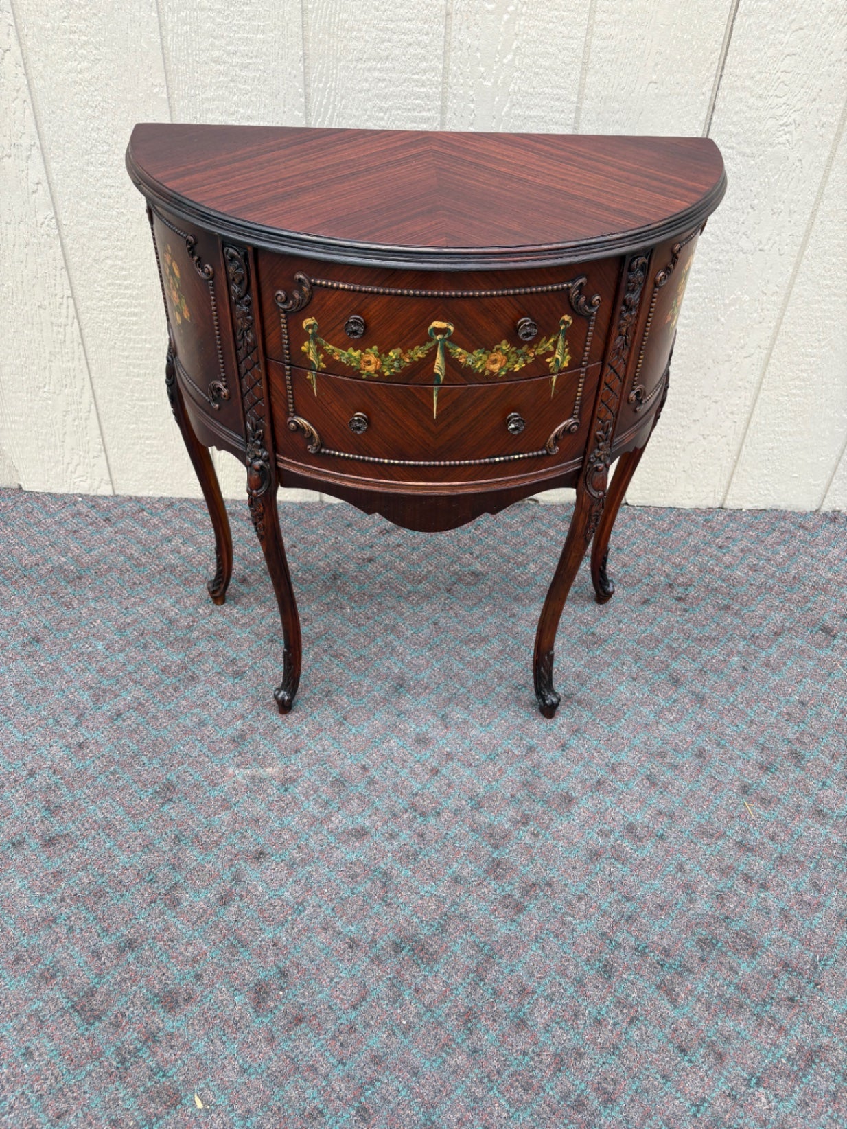 67966 Hand-Painted Demilune Chest with Floral Accents, Mahogany Finish
