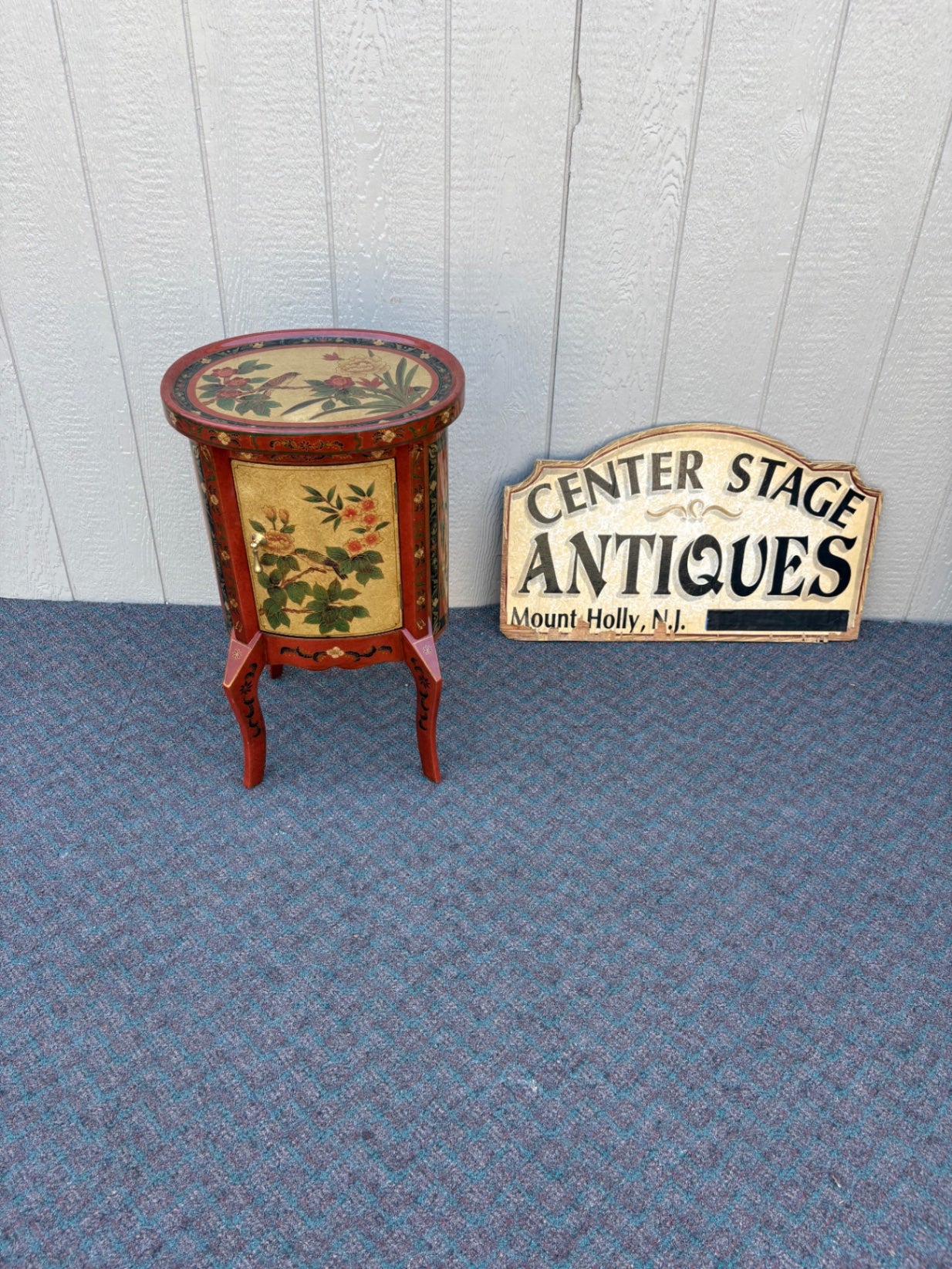 67855  Hand-Painted Oval Accent Table with Floral and Bird Motif