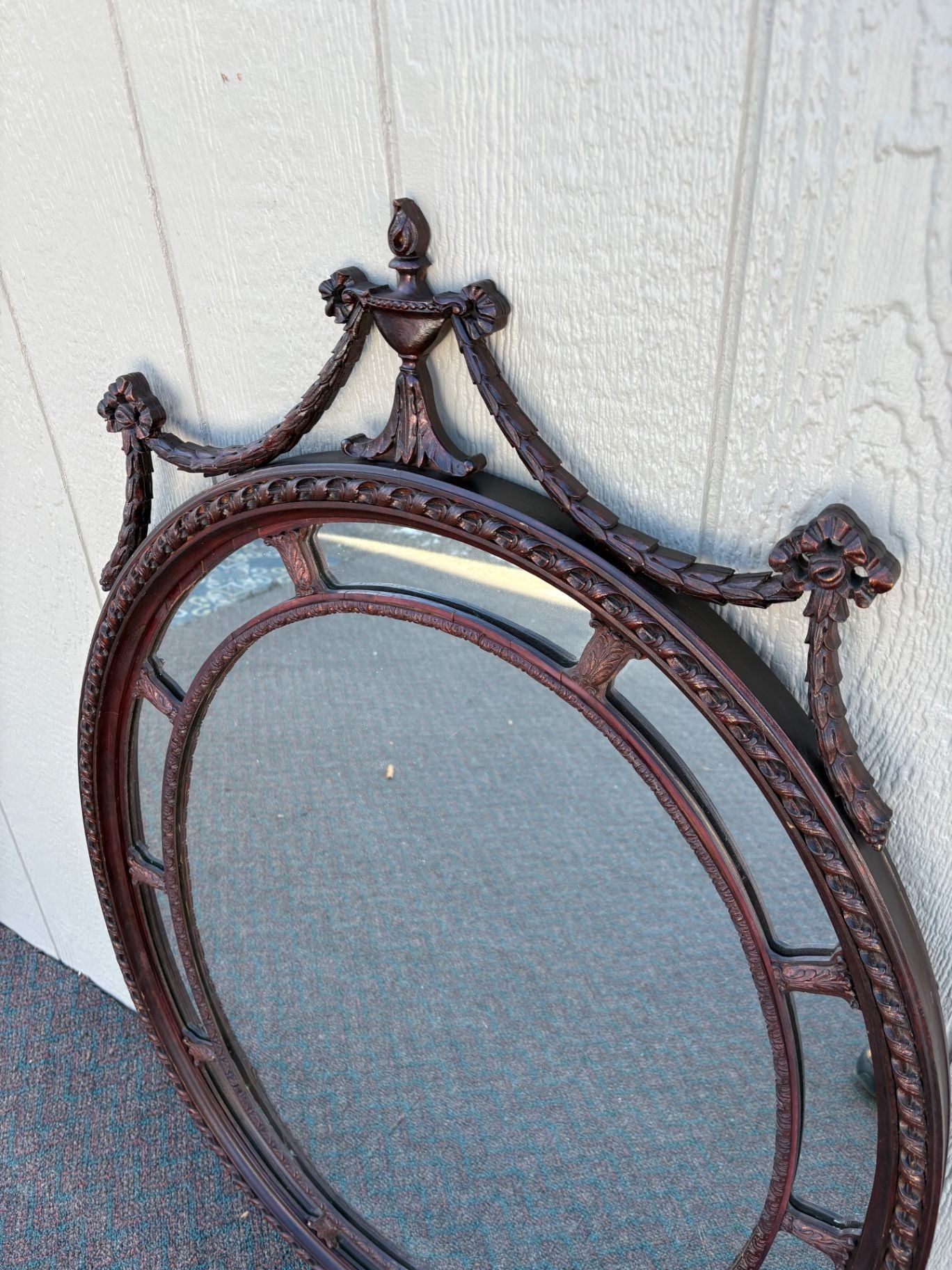 66933  Large Oval Mahogany Wall Mirror with Carved Swag Detailing