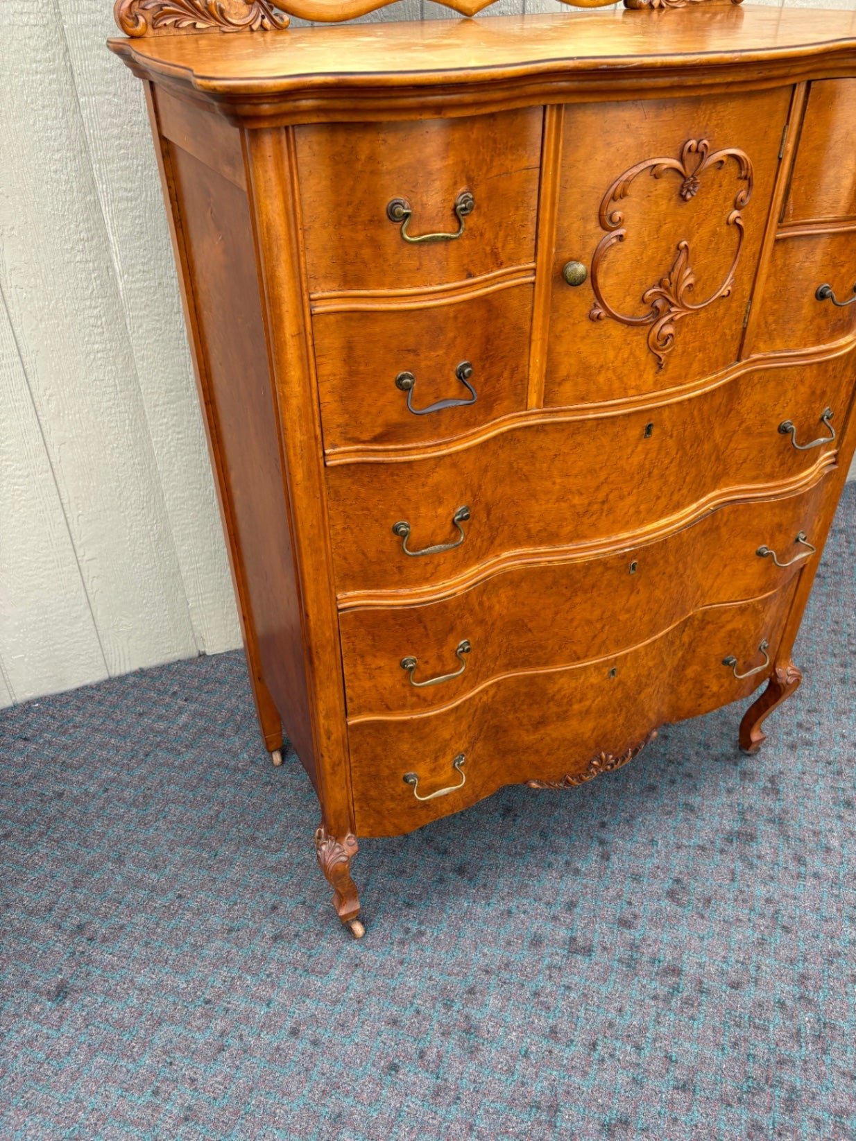 67995 Antique Highboy Dresser with Mirror, 1920s, Burl Wood