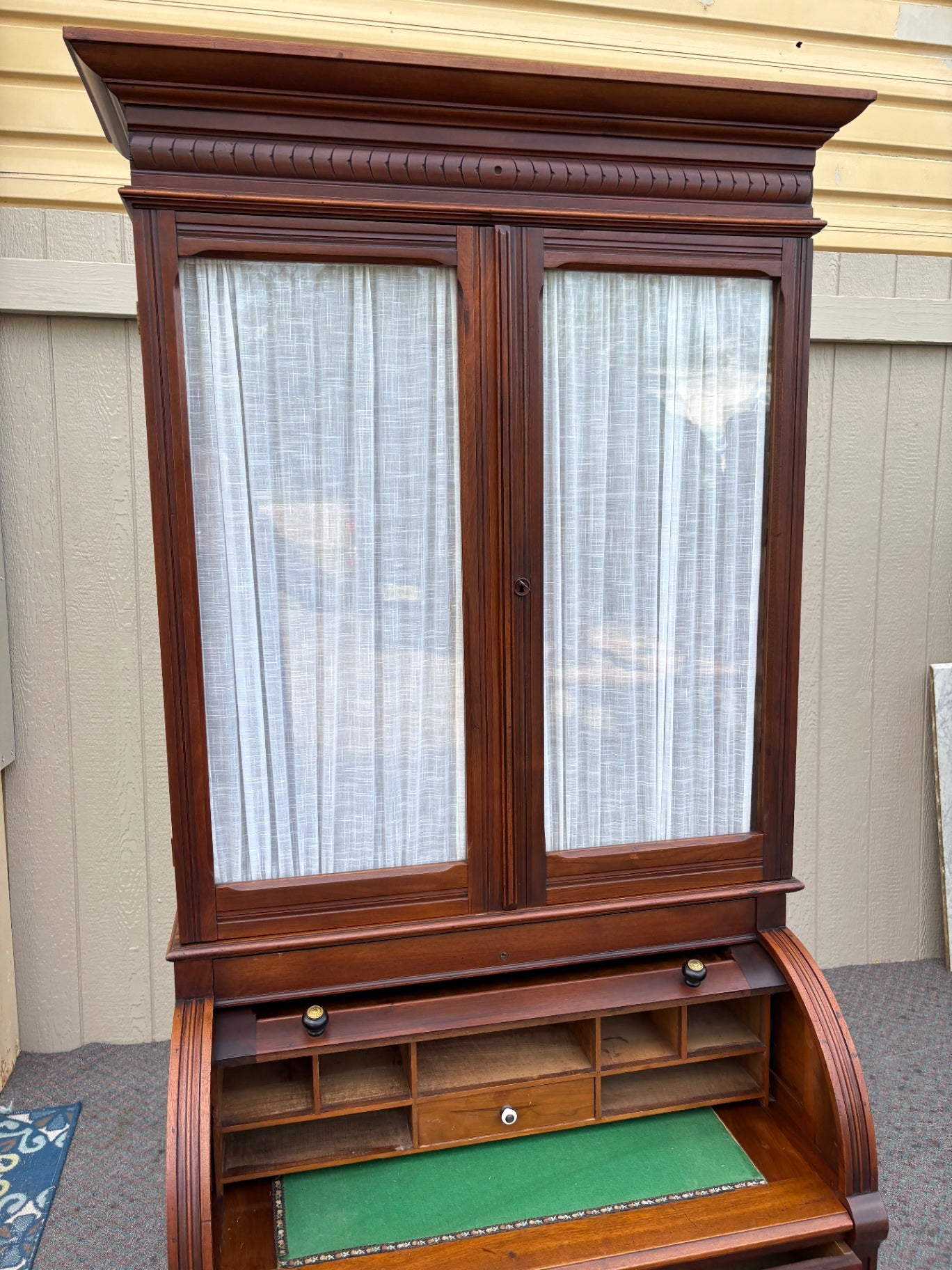 67934  Victorian Cylinder Secretary Desk with Display Cabinet