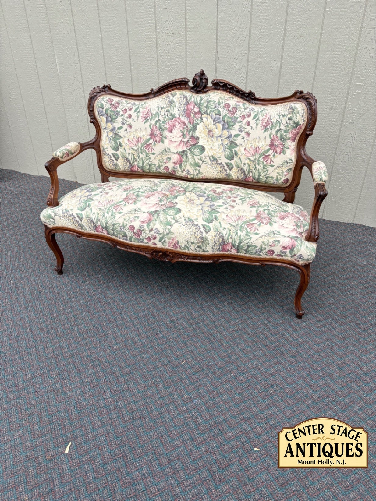 67710 Antique French Louis XV Style Loveseat with Floral Upholstery