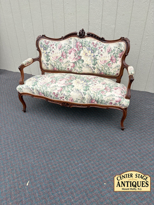67710 Antique French Louis XV Style Loveseat with Floral Upholstery